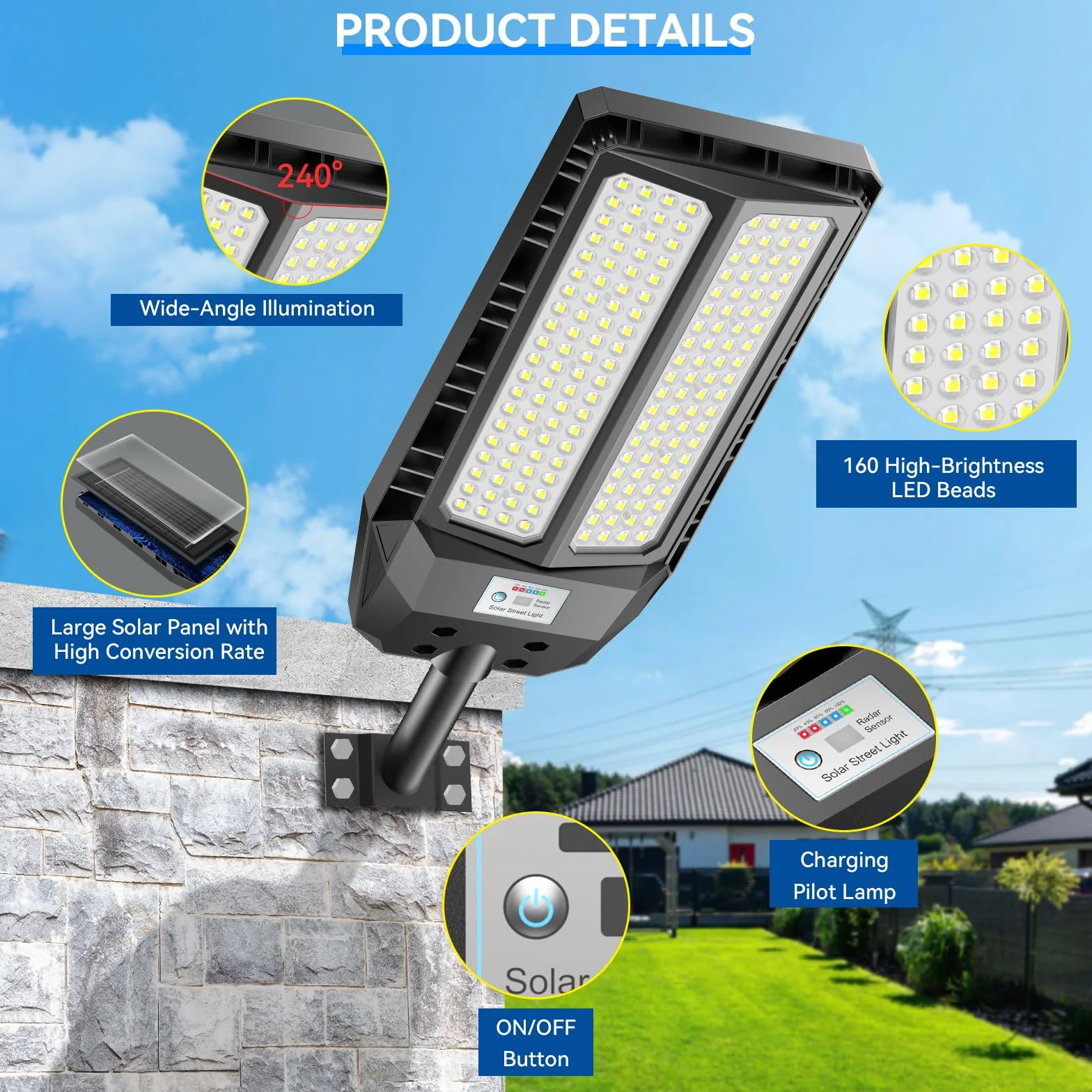 Adewalk 900W*2 Lampe Solaire Extérieure IP66 avec Télécommande et Capteur de Mouvement, 6500K LED Super Lumineux pour Jardin Garage Rue