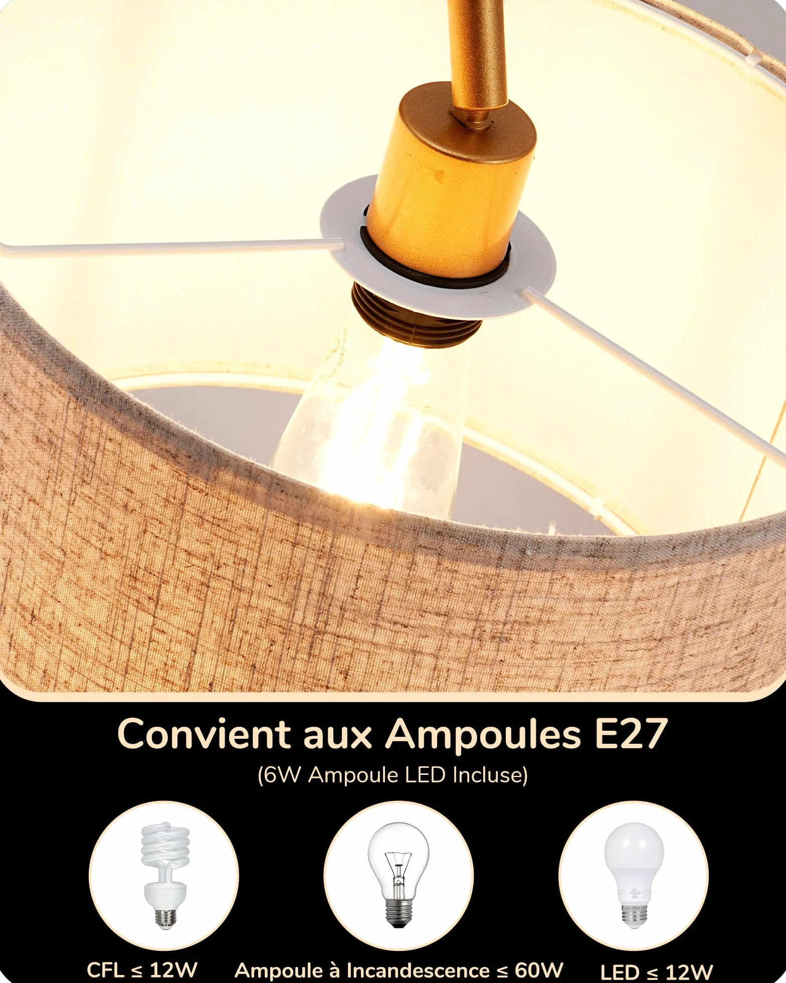 Lampadaire Doré Salon 161 cm avec Abat-Jour Lin Beige, Ampoule E27 Incluse