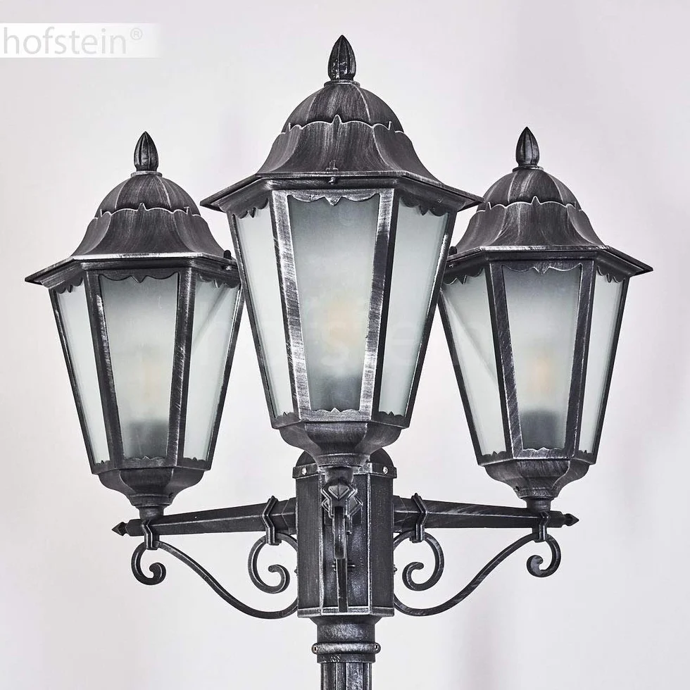 Réverbère Lignac lampadaire vintage aluminium moulé noir argenté verre dépoli 245 cm 3 lanternes E27 IP44