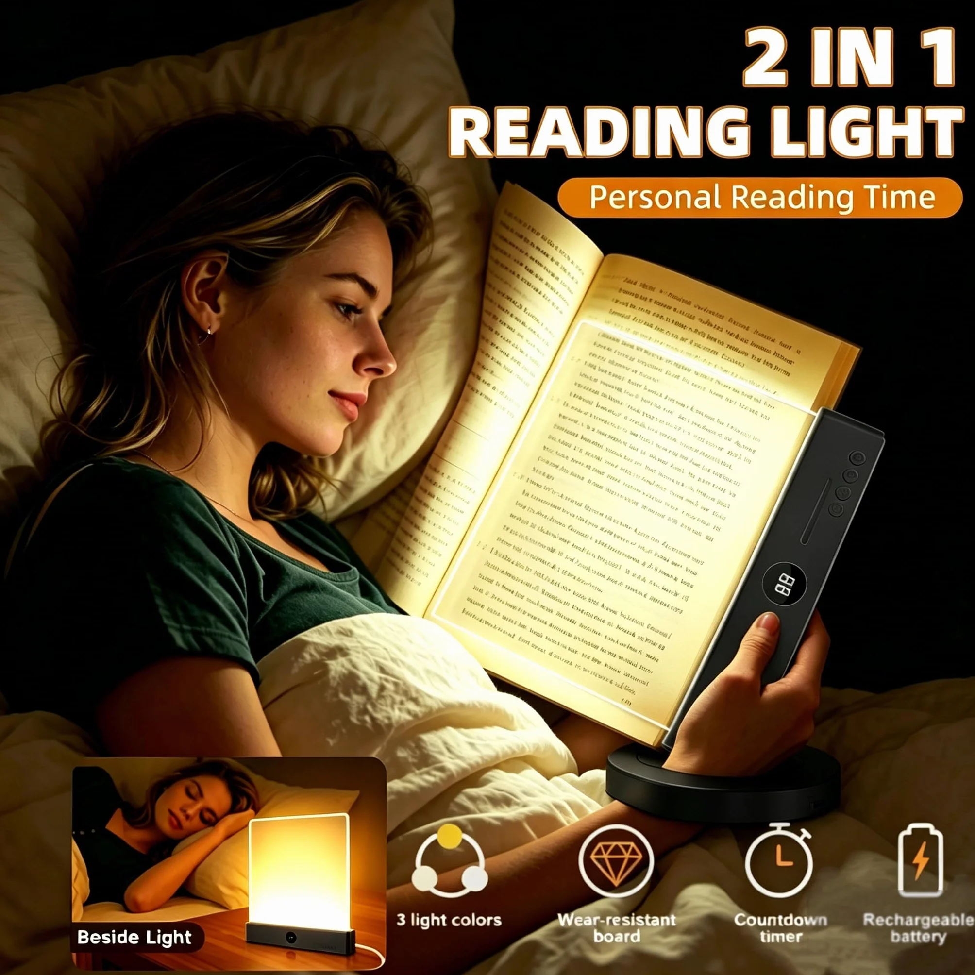 Lampe de Lecture LED Plate Grande Taille Rechargeable avec Minuterie 3 Couleurs de Lumière