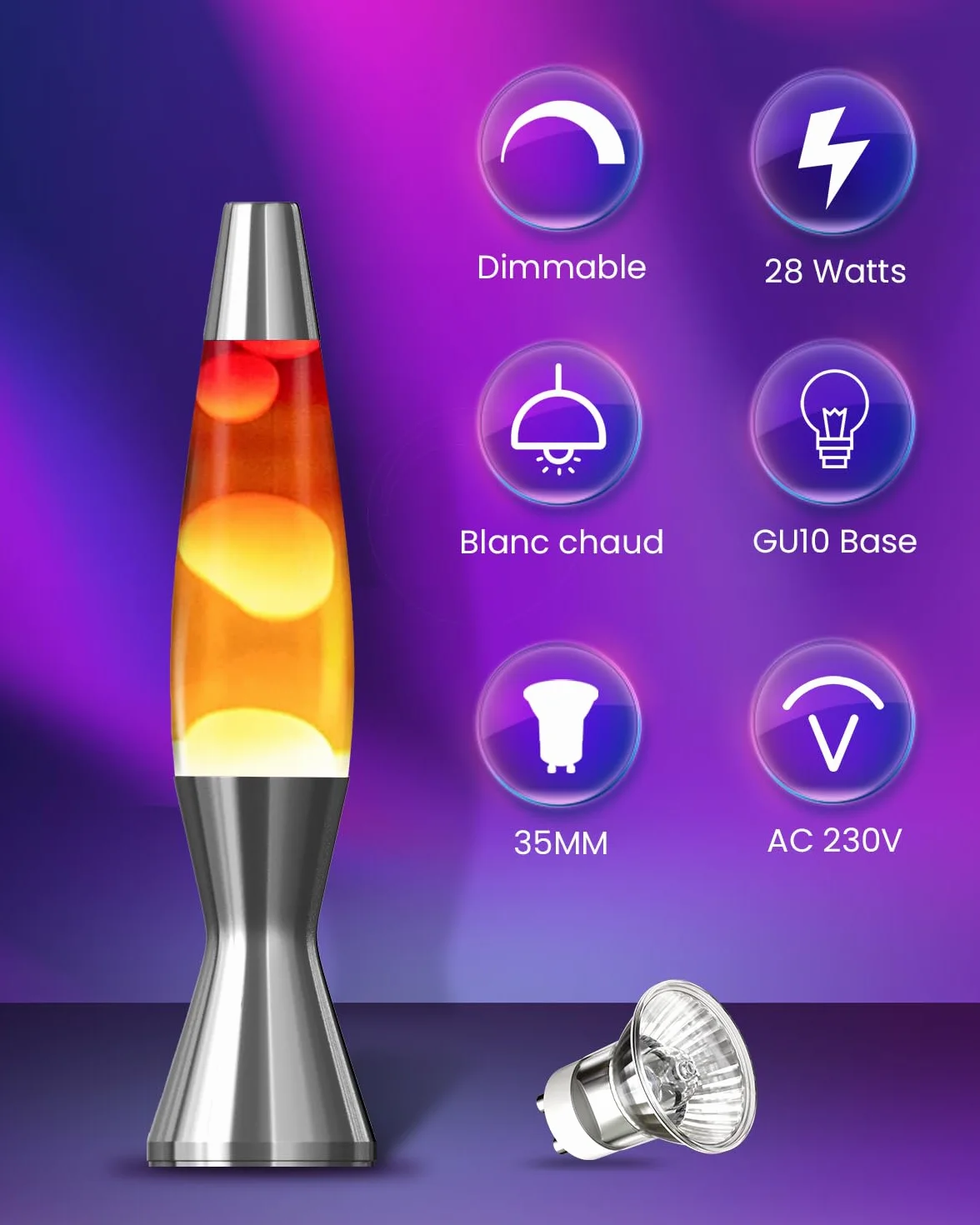 Lavalamp MR11 GU10 28W Ampoule Lot de 2, Mini GU10 180lm Variateur, Blanc Chaud 2800K