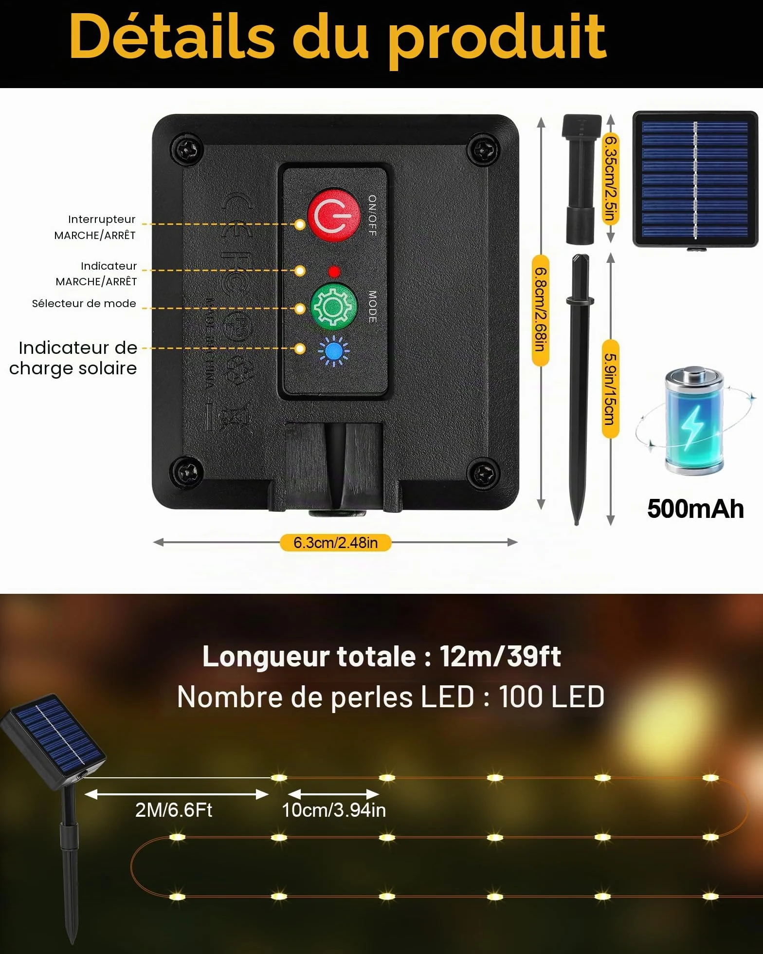 Guirlande Solaire Extérieur 20M 200LED IP65 8 Modes Minuteur Mémoire Fil de Cuivre Blanc Chaud