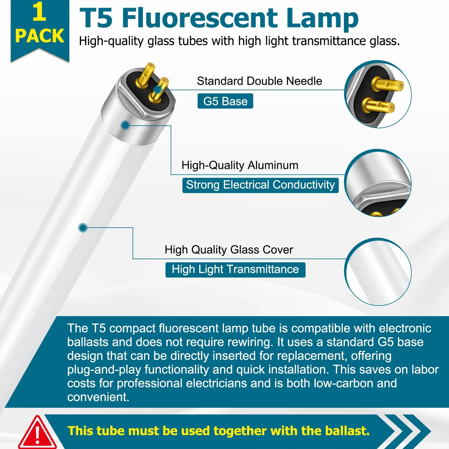 Tubes Fluorescents T5 8W 288mm G5 Base 4000K Blanc Froid