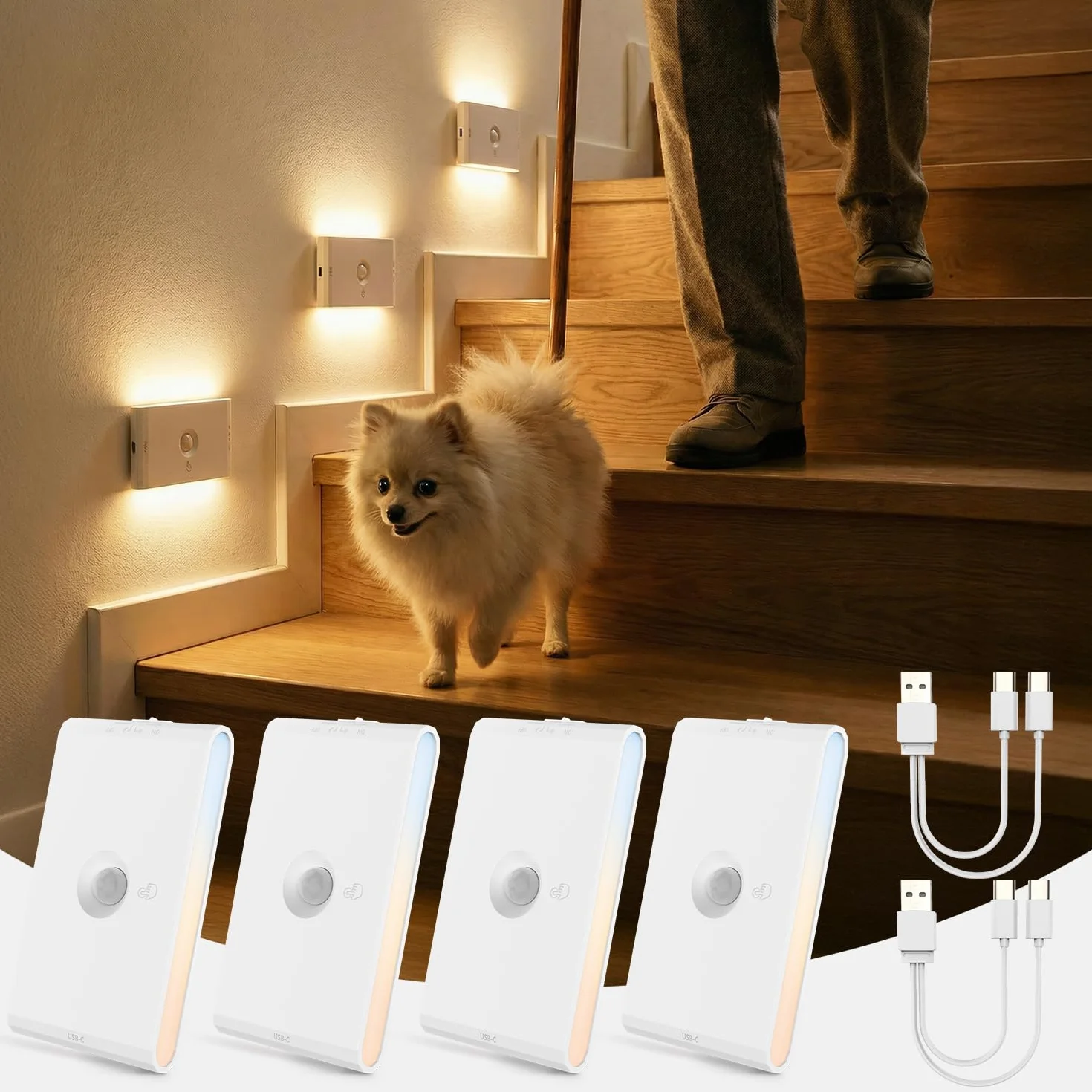 Veilleuse Détecteur de Mouvement Capteur Crépuscule Lampe Rechargeable USB 3 Mode AUTO ON/OFF LED Intérieur Réglable 3 Températures Couleur Lot de 4