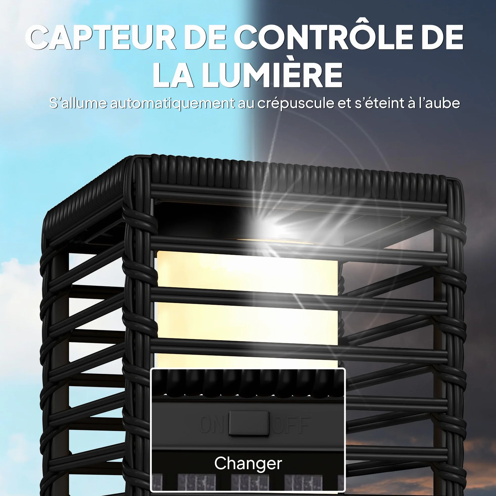 Outsunny Lanterne Solaire Extérieure Résine Tressée Noir Lampadaire sans Fil Rechargeable Capteur de Lumière LED