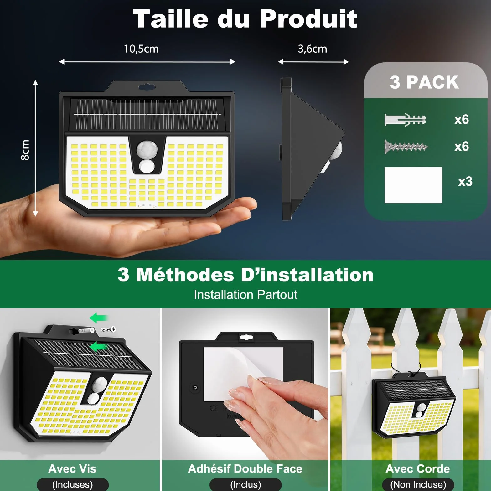 Lampe Solaire Exterieur LED IP65 6000K Blanc Froid 3 Modes avec Detecteur de Mouvement Lot de 3