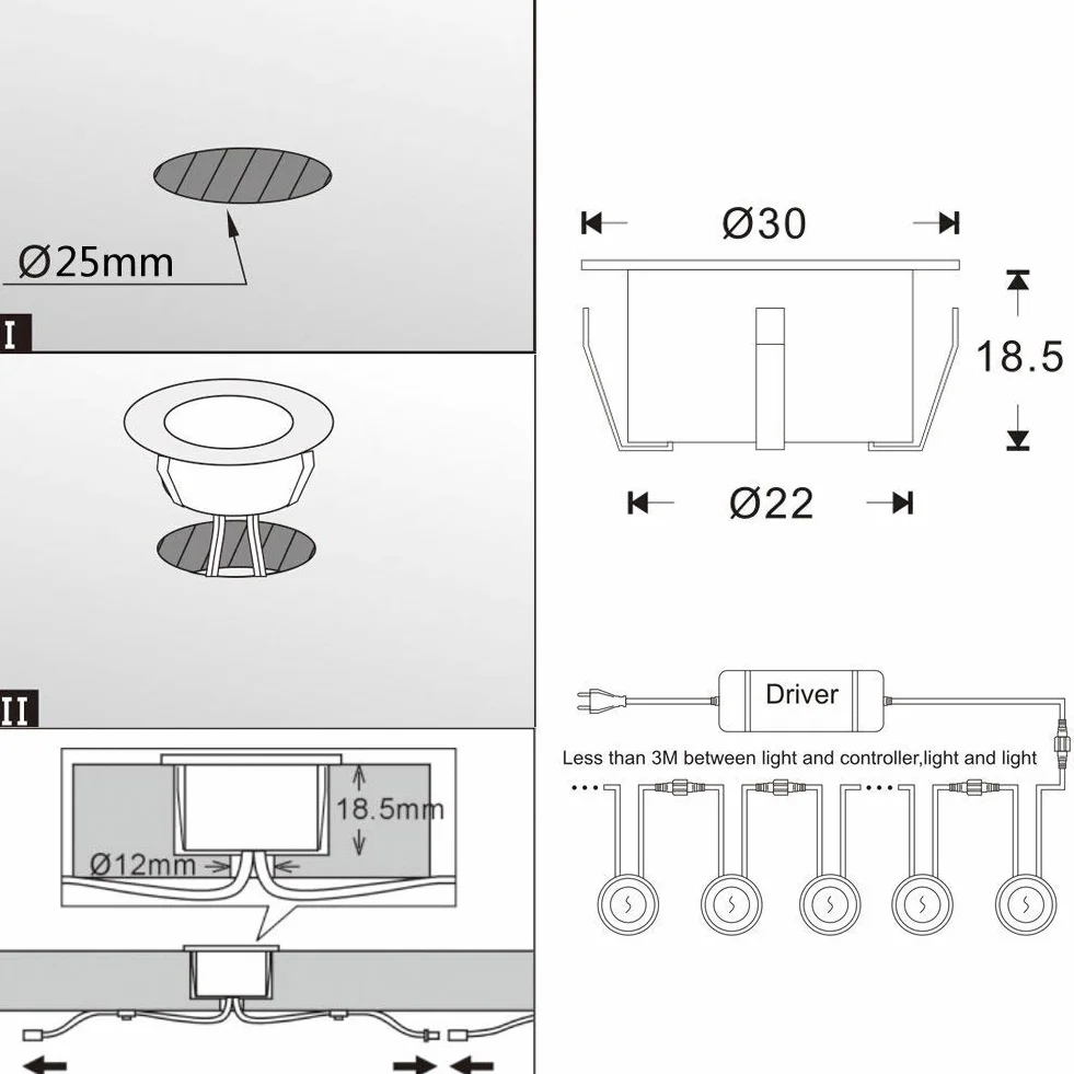 LED Spot Encastrable Extérieur Ø30mm DC12V Blanc Chaud IP67 Étanche 6 Pièces