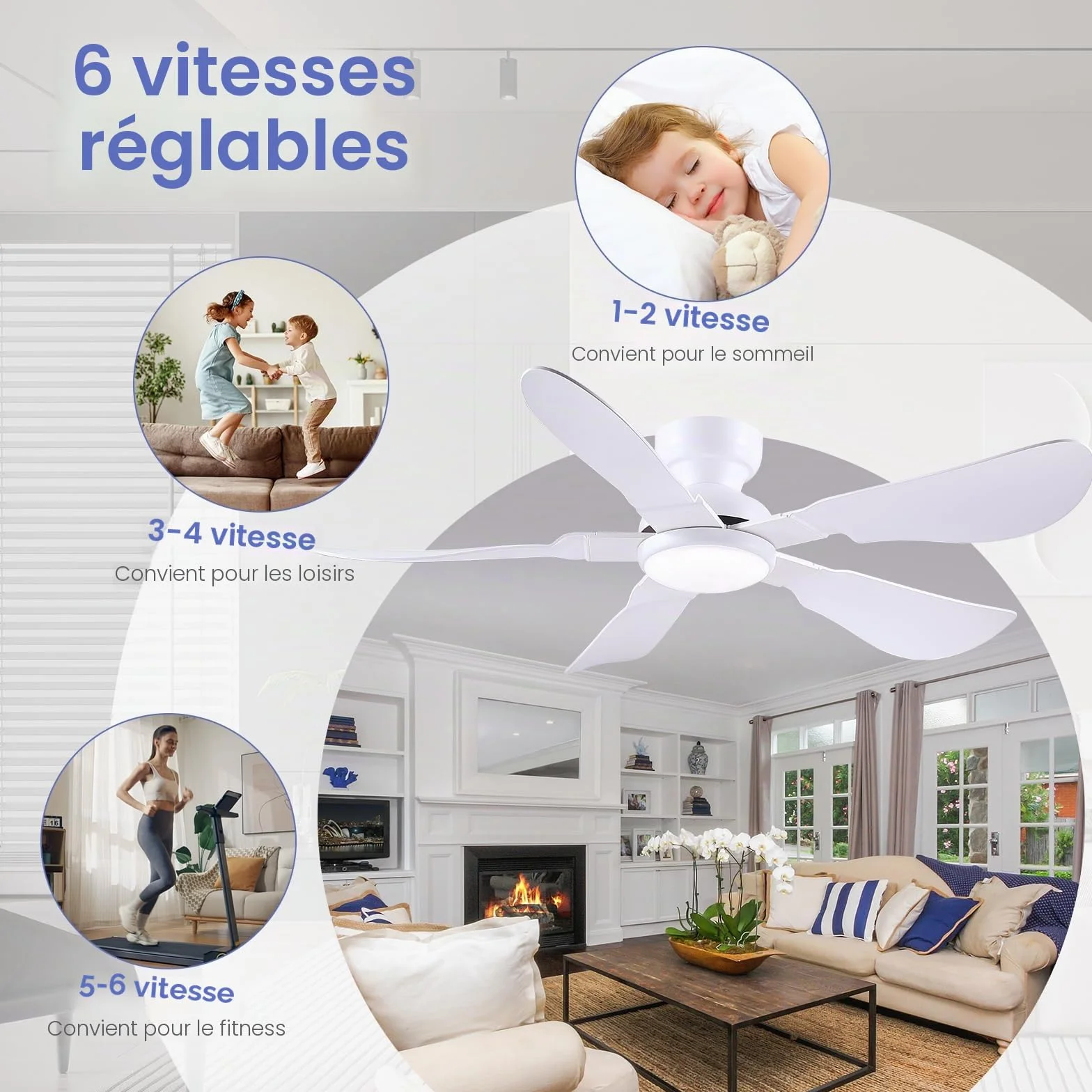 Ventilateur de plafond moderne 132 cm avec lumière, télécommande et APP, 5 pales réversibles, 6 vitesses, 3 températures de couleur dimmables, blanc