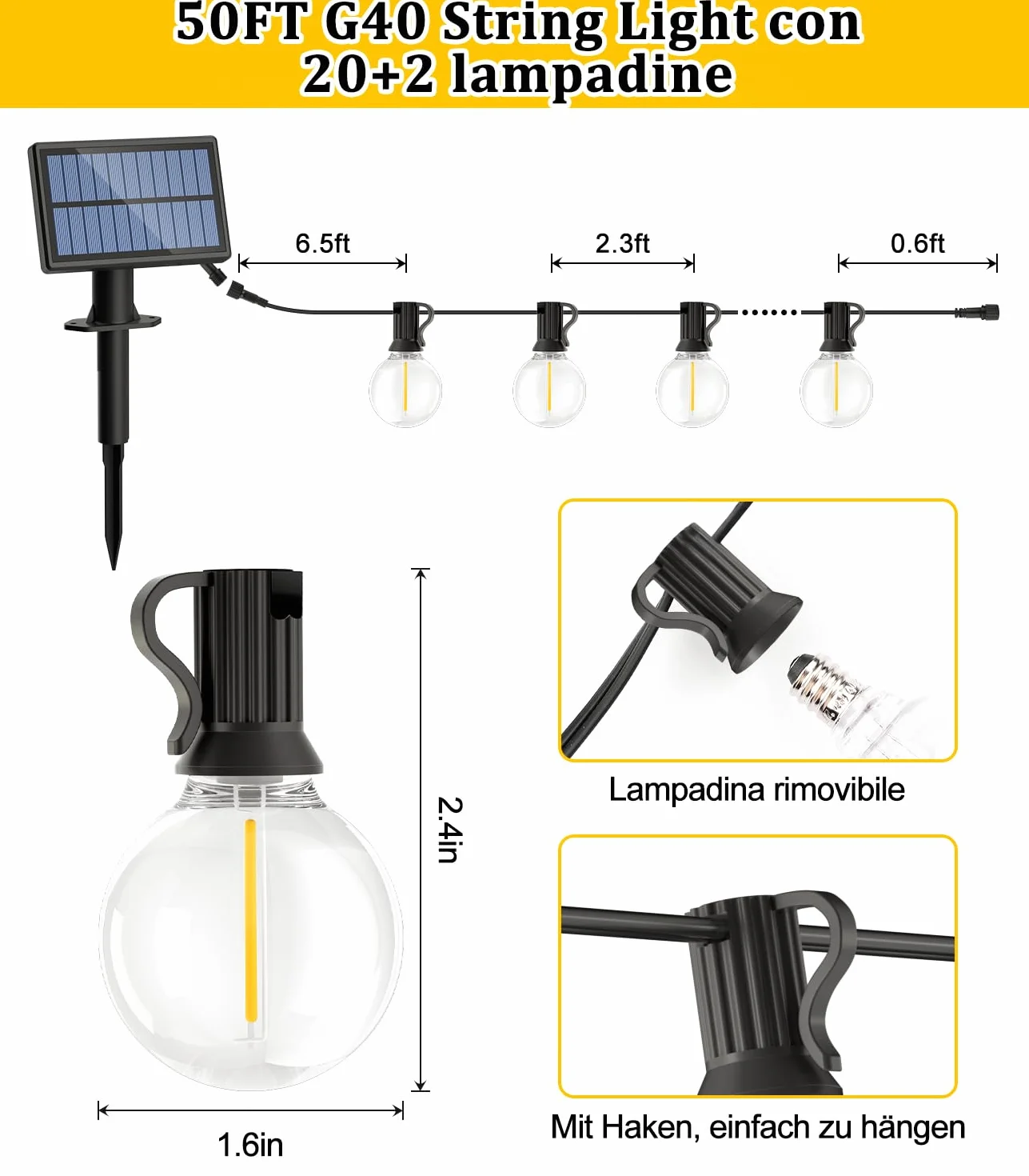 Solaire Remote Guirlande Exterieur Lumineuse 15M G40 LED IP44 Imperméable Jardin Terrasse