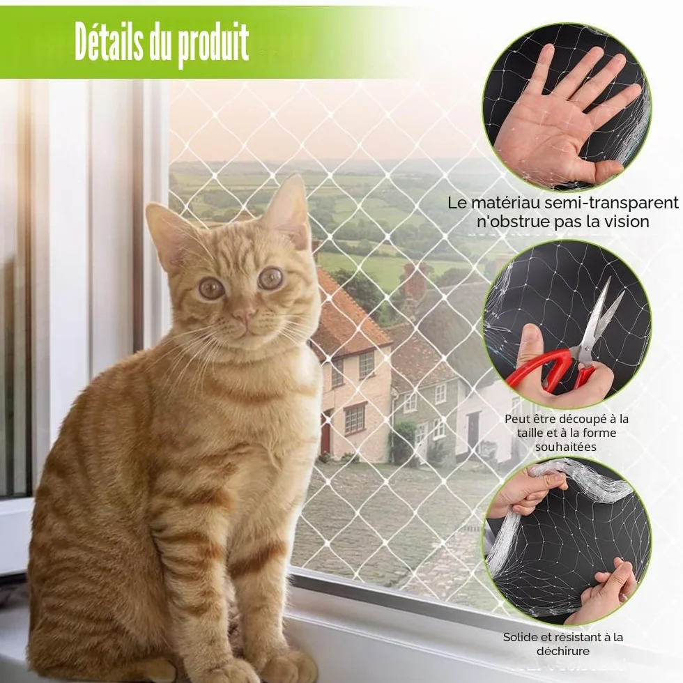Filet de protection pour chat transparent 6 x 3 m nylon maille 2,5 cm résistant UV intempéries sécurité balcon