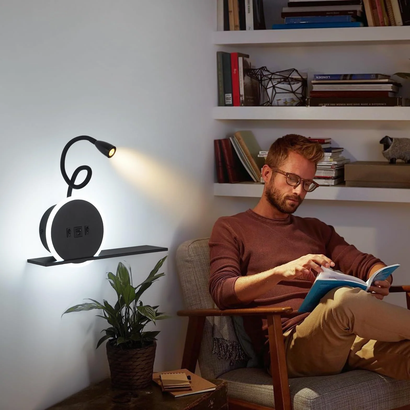 Lampe de chevet LED 2 pièces avec interrupteur, port USB-C, 3W 3000K + 9W 6000K, applique tête de lit noir