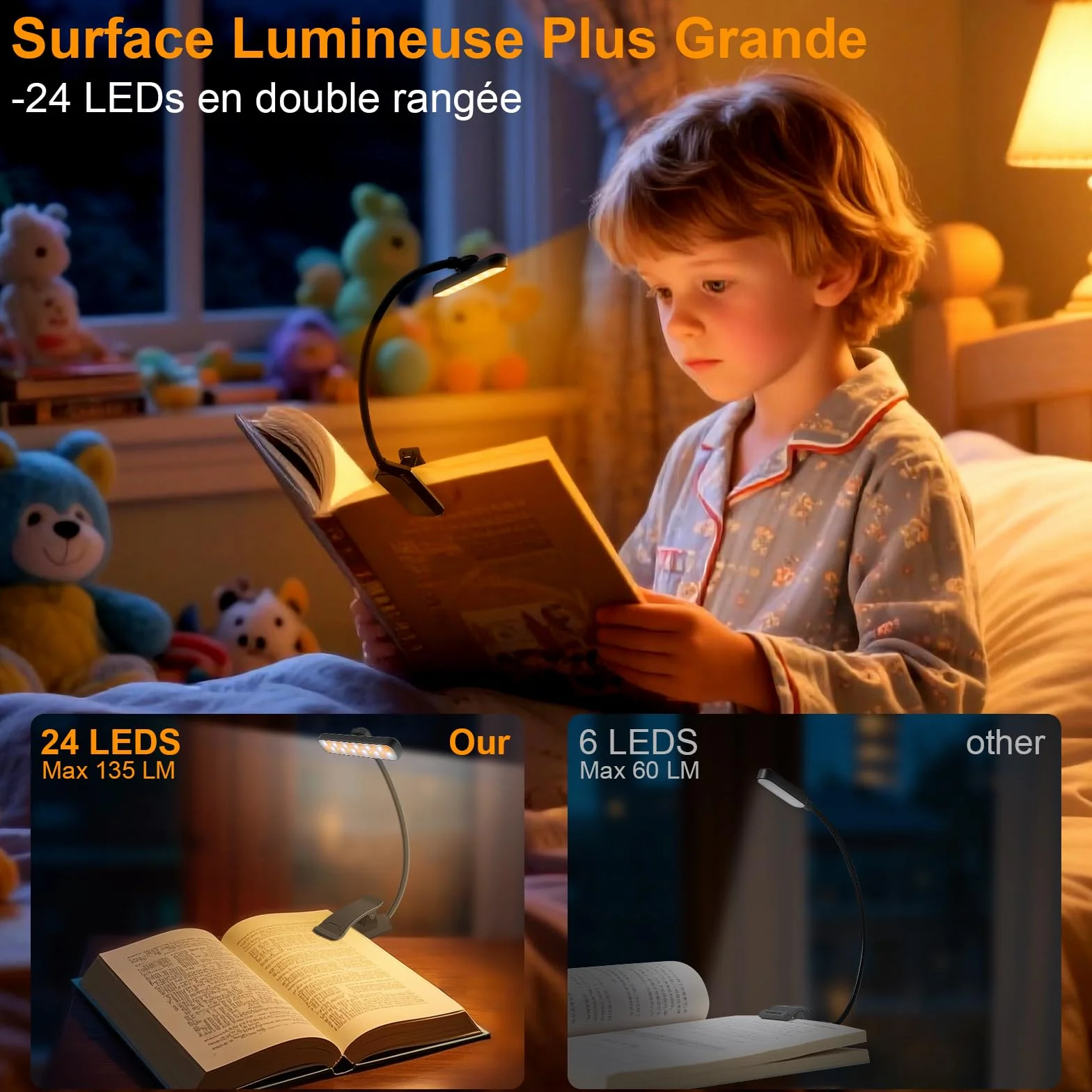 Karidi Lampe de Lecture 24 LED Rechargeable, Liseuse Clip Rotative 315°, 5 Luminosités 3 Couleurs, 360° Cou Flexible Noir