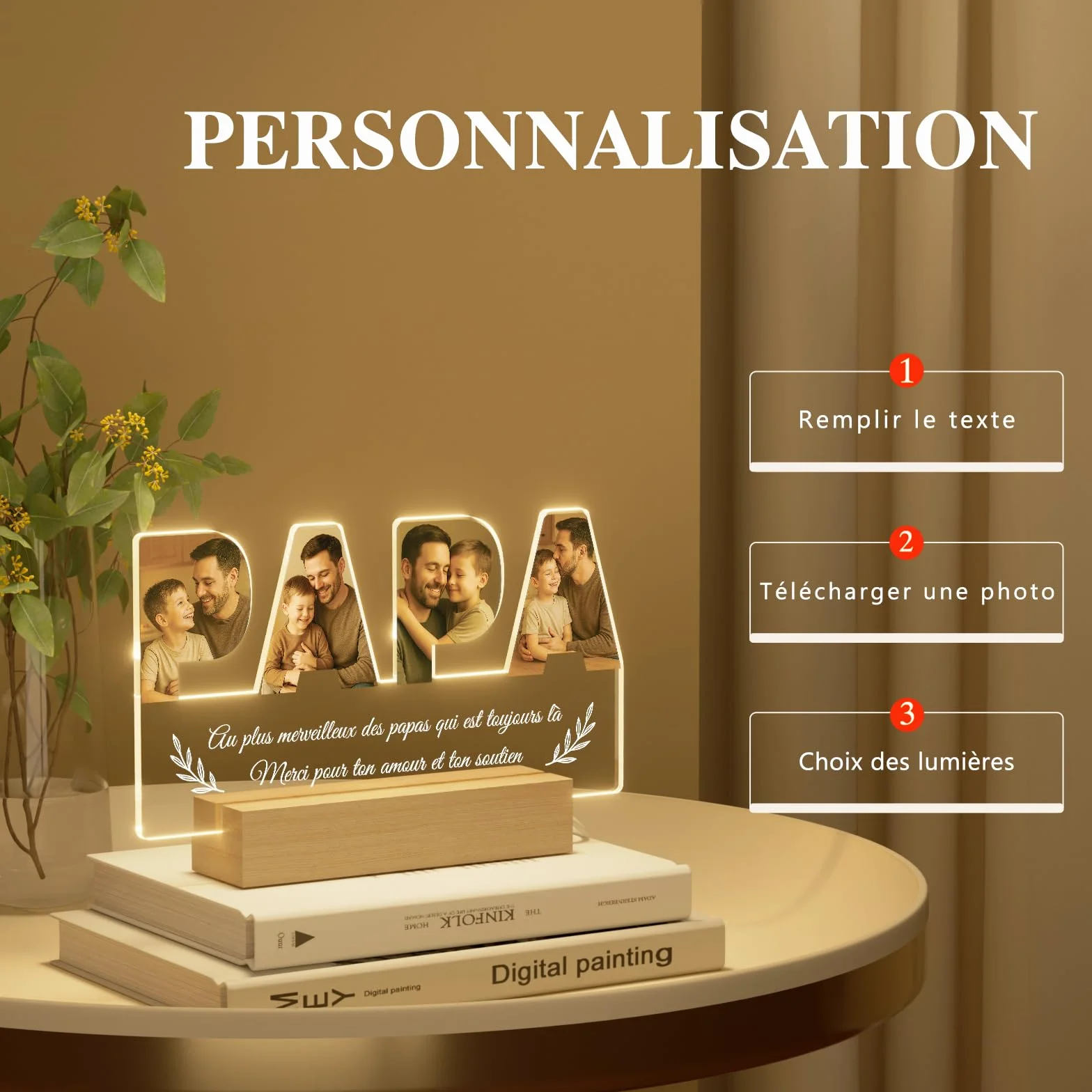 Veilleuse Photo Personnalisée Papa Cadeau Fête des Pères Lampe LED Gravée Photo