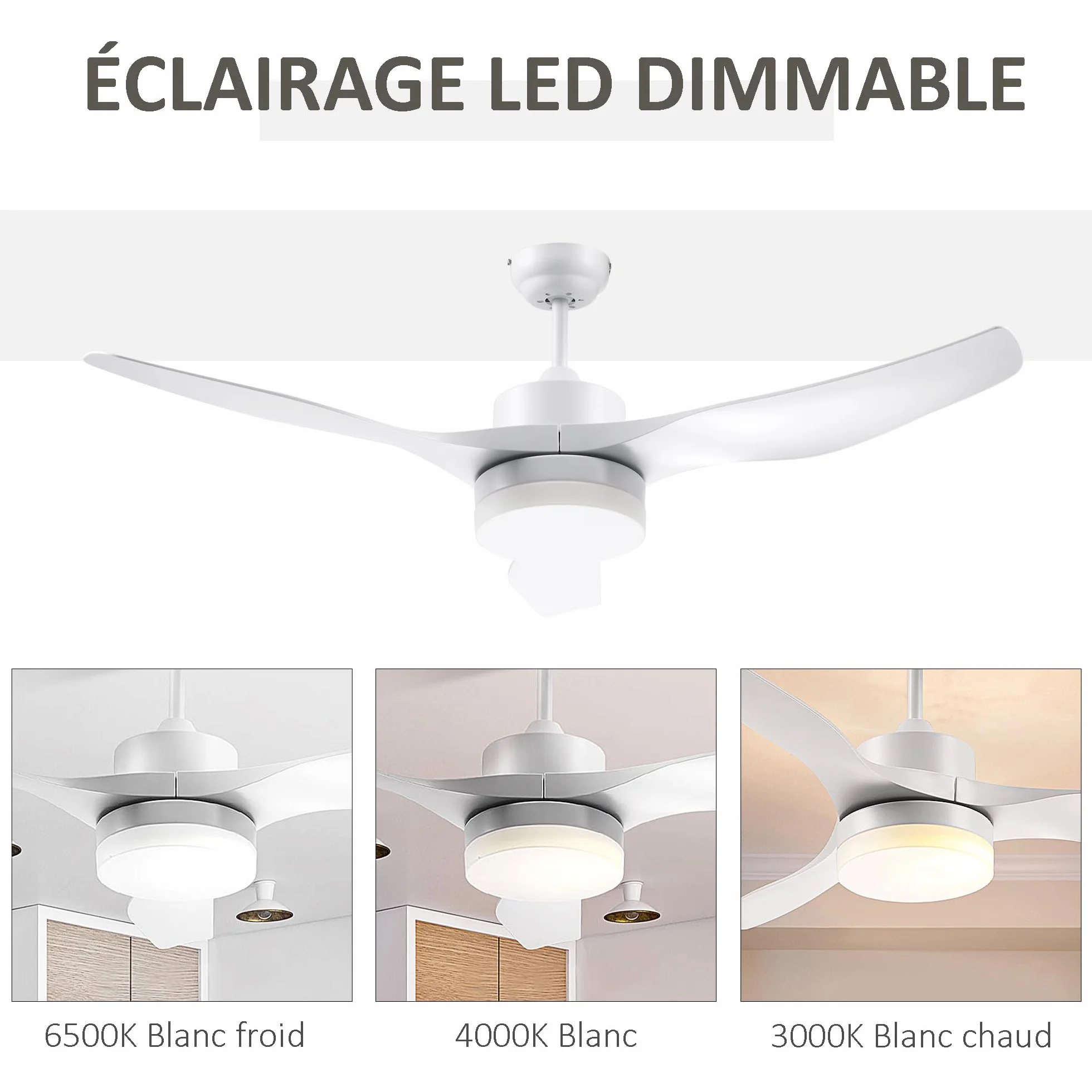 HOMCOM Ventilateur de Plafond avec Lumière et Télécommande, 132 cm, Moteur DC Silencieux, 3 Pales ABS, 6 Vitesses, Blanc