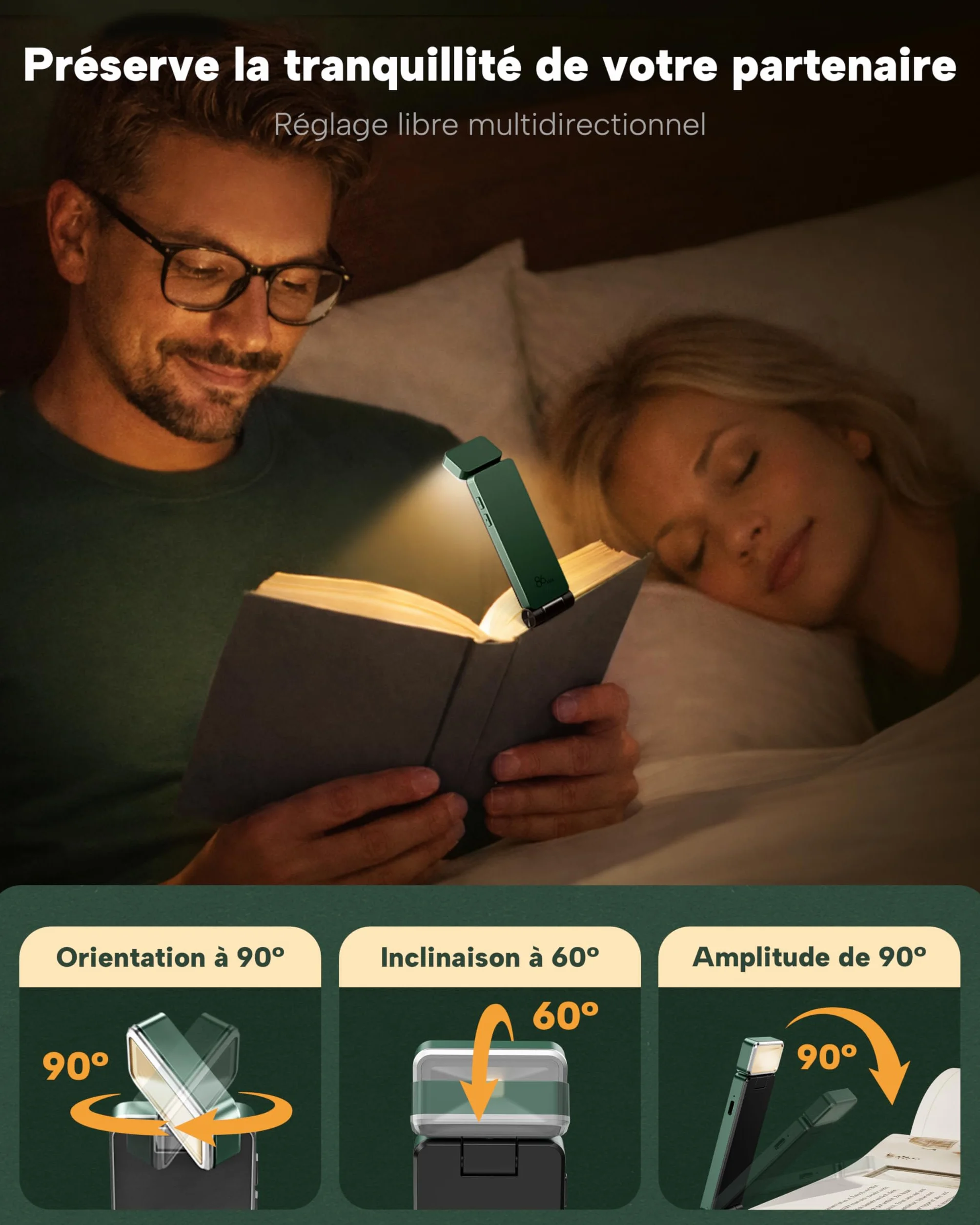 86lux Lampe de Lecture Rechargeable Liseuse LED USB-C, Légère 46 g, Lampe à Pince Marque-Page, 3 Températures de Couleur, 80H Autonomie, Vert