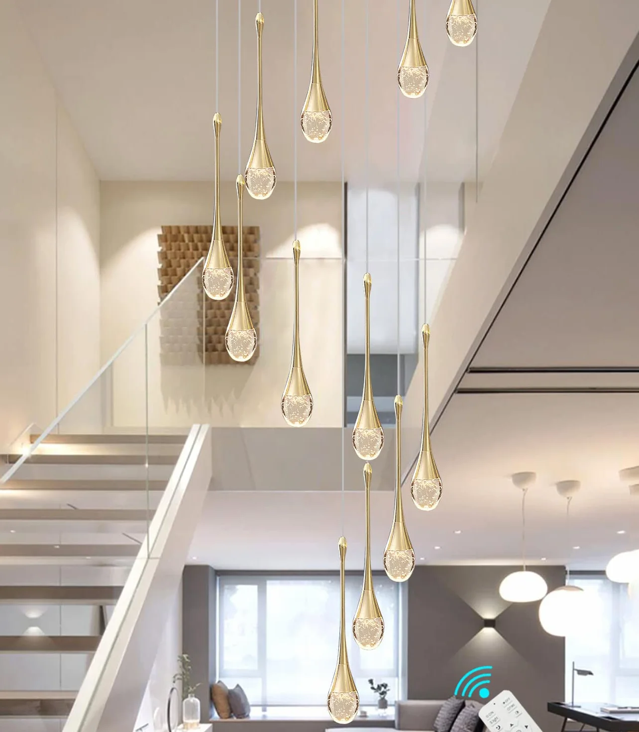Lustres suspendus en cristal à 12 lumières dorées en forme de goutte de pluie 120 '' / 305 cm de haut Foyers d'entrée Lustres d'entrée StaircaseBig Crystal Bubble 3000-6000K Dimmbale LED Luminaires