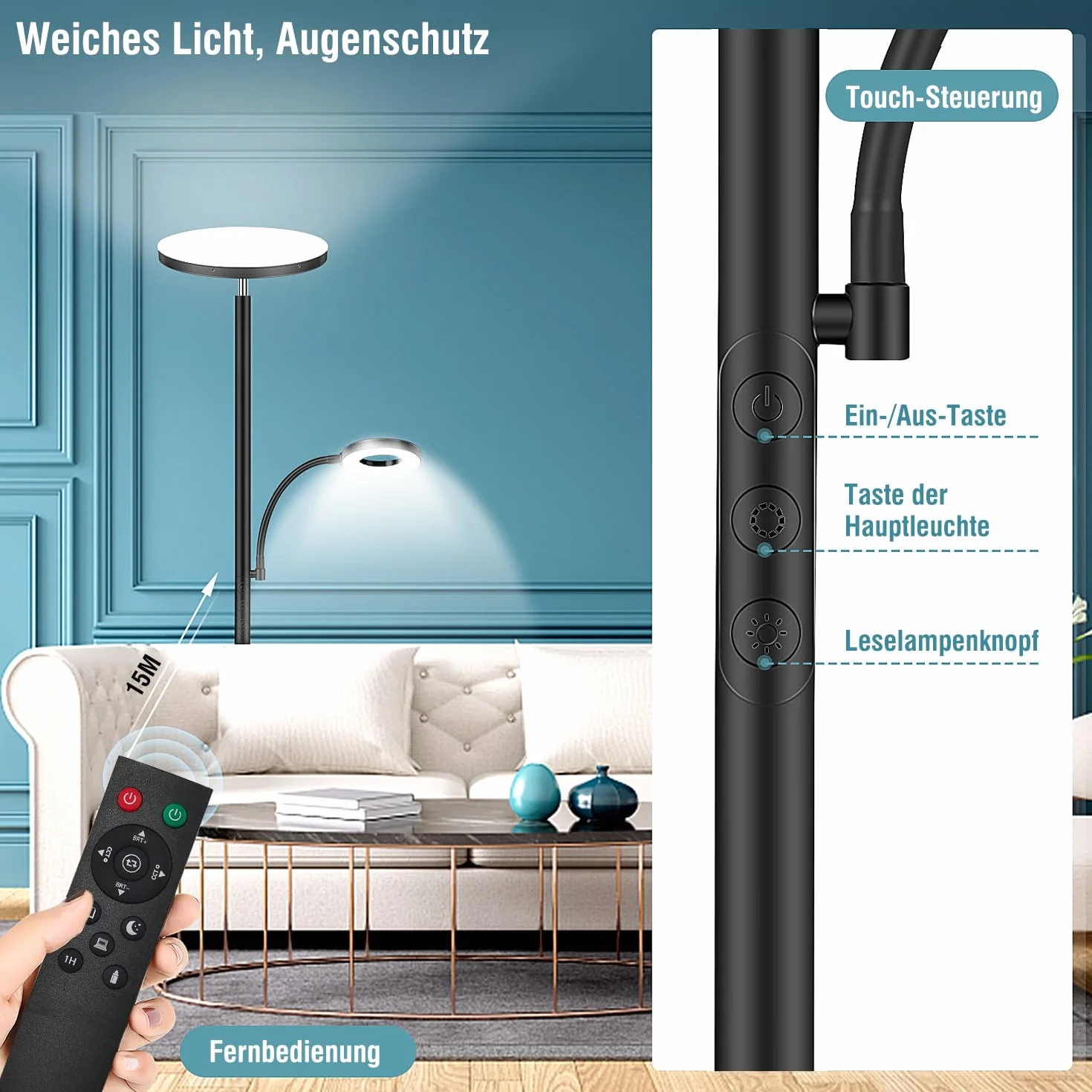 Lampadaire LED Dimmable 42W 4500LM 2700K-6500K avec Télécommande et Contrôle Tactile pour Salon Chambre Bureau
