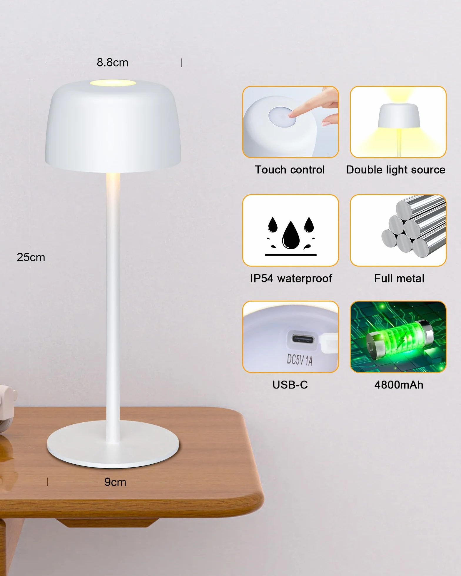 TRUMPETS Lampe de Table LED Sans fil Rechargeable Métal IP54, 3 Couleurs Dimmable Contrôle Tactile