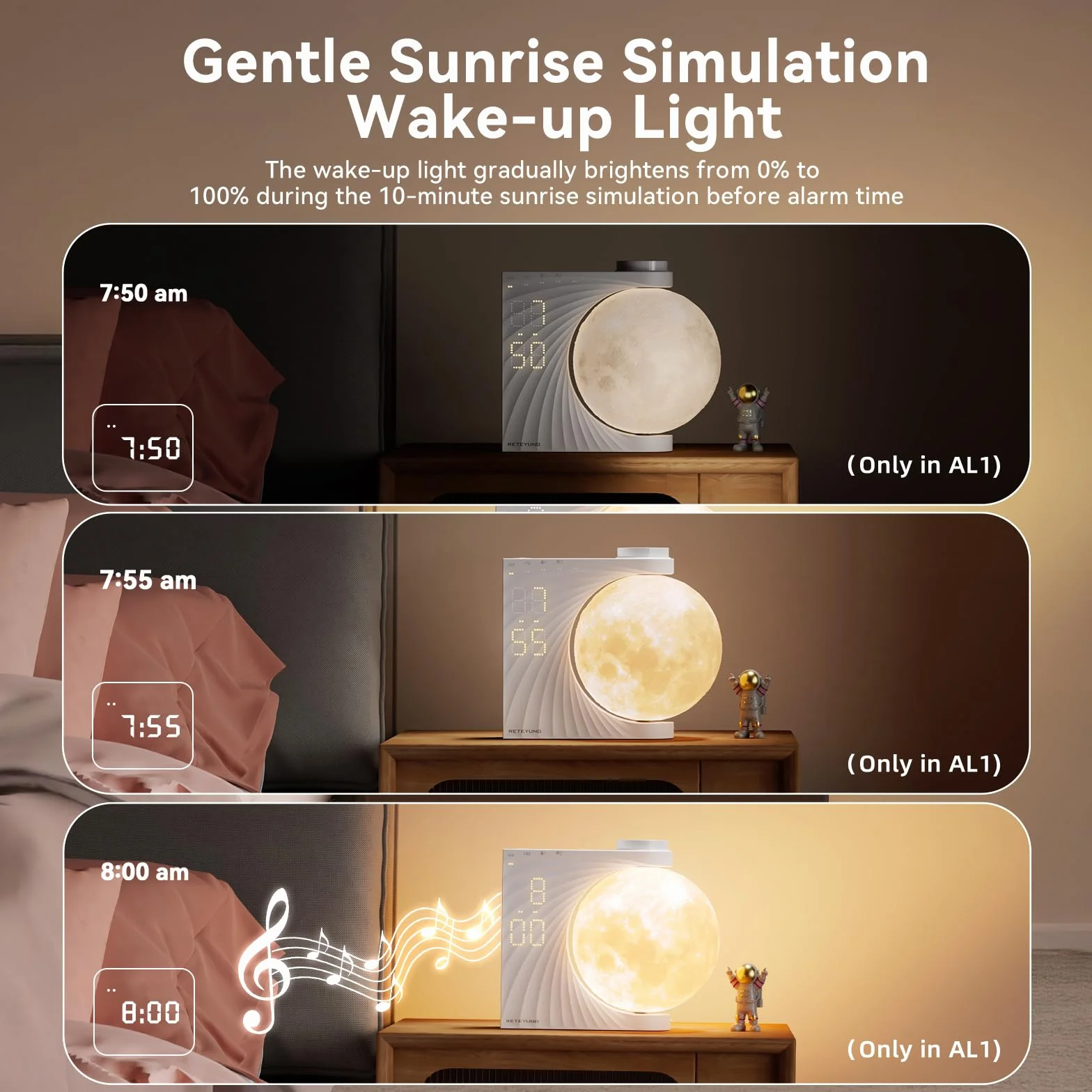 Lampe de Lune avec Réveil Lumineux, 2 Réveils, RGB 8 Couleurs, 10 Sons Naturels, Veilleuse 3 Niveaux