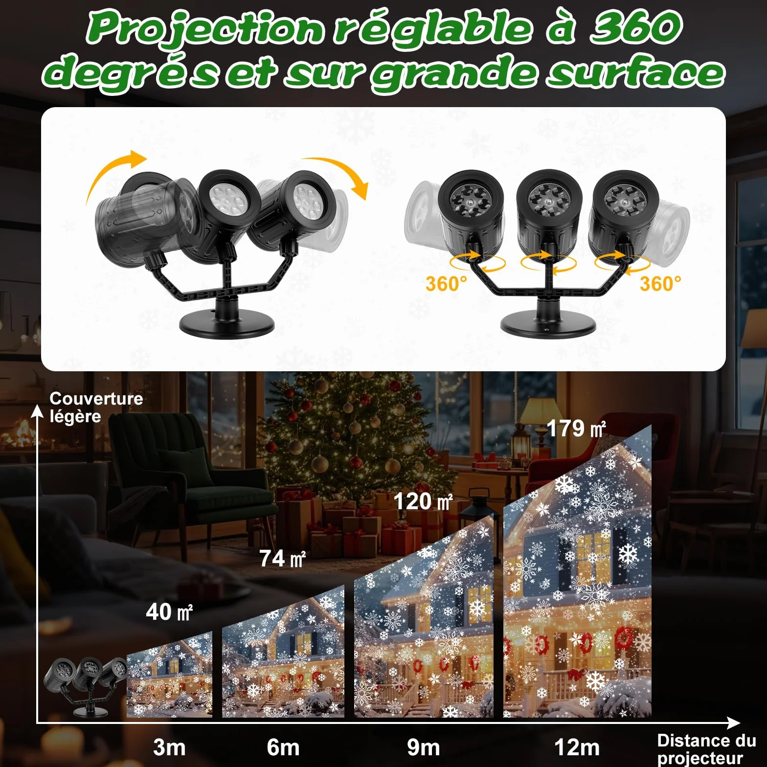 Charmofun Projecteur de Noel Exterieur 3 Têtes Flocons de Neige Dynamique IP44 Étanche Temporisé Déco Lumineuse Noël