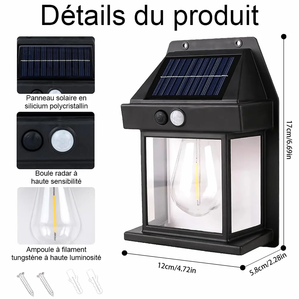 Lanterne Murale Solaire Étanche IP65 avec Détecteur de Mouvement 3 Modes 1200mAh, Éclairage Sécurité pour Jardin (Blanc chaud)