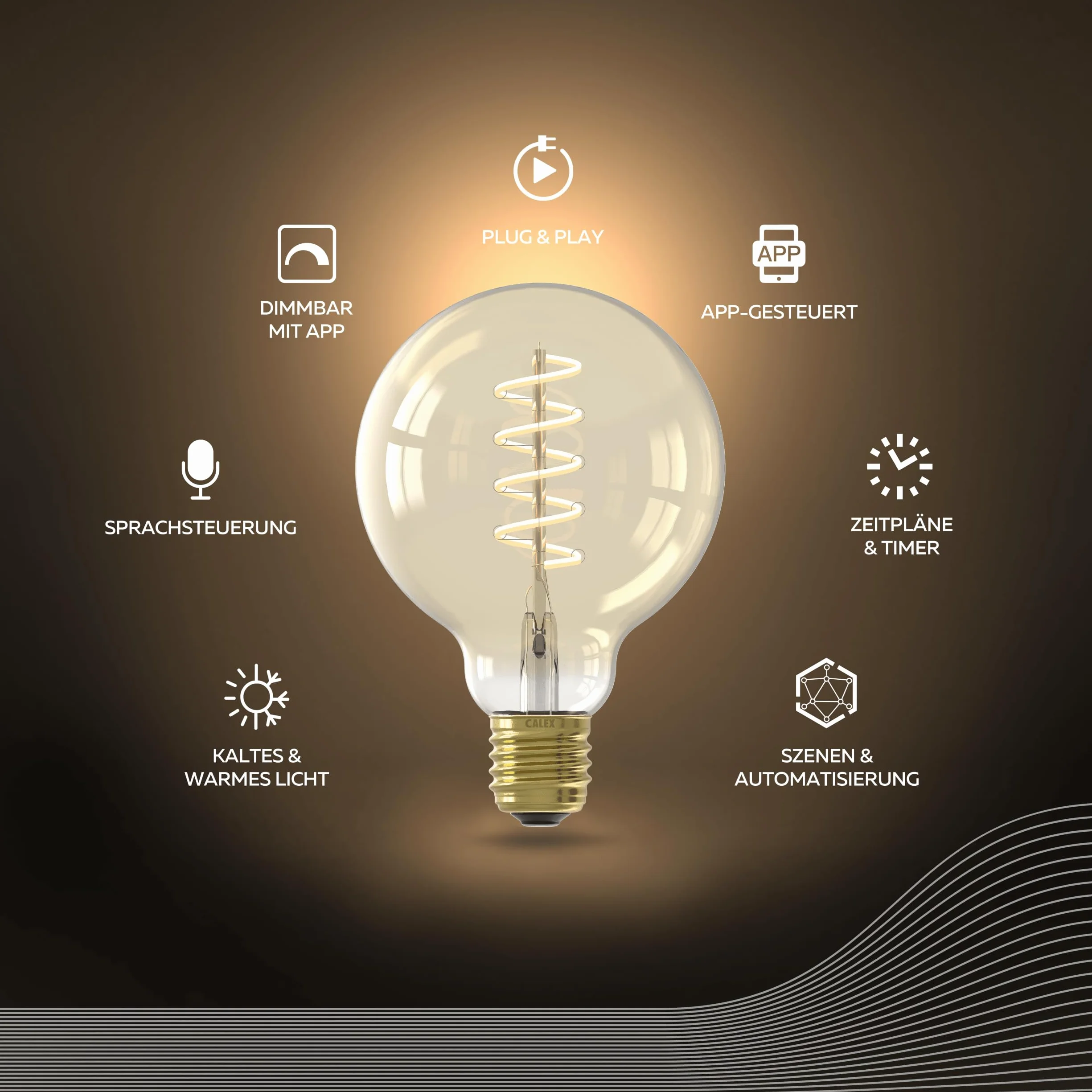CALEX Ampoule Filament Dorée Globe G95 E27 CCT WiFi 7W Blanc Chaud 1800-2700K Dimmable