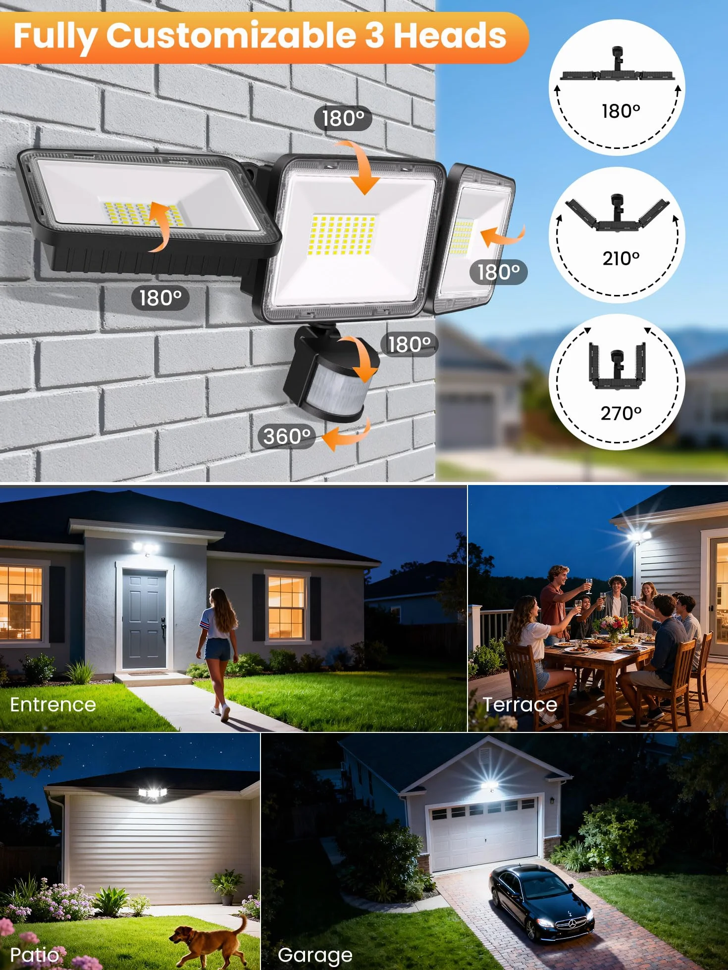 MEIKEE Projecteur LED Extérieur 70W 6580LM Détecteur de Mouvement IP66 Étanche 6500K Blanc Froid 3 Têtes