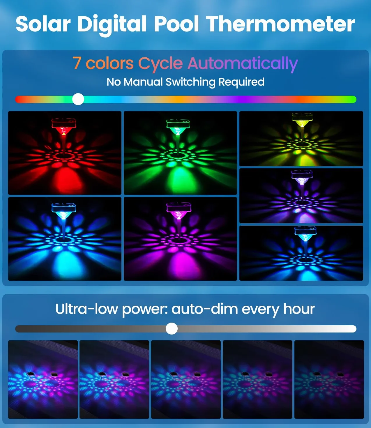 Thermomètre de Piscine Lumineux RGB 2 en 1 Flottant Sans Fil LED 7 Couleurs Écran LCD IP68 Solaire