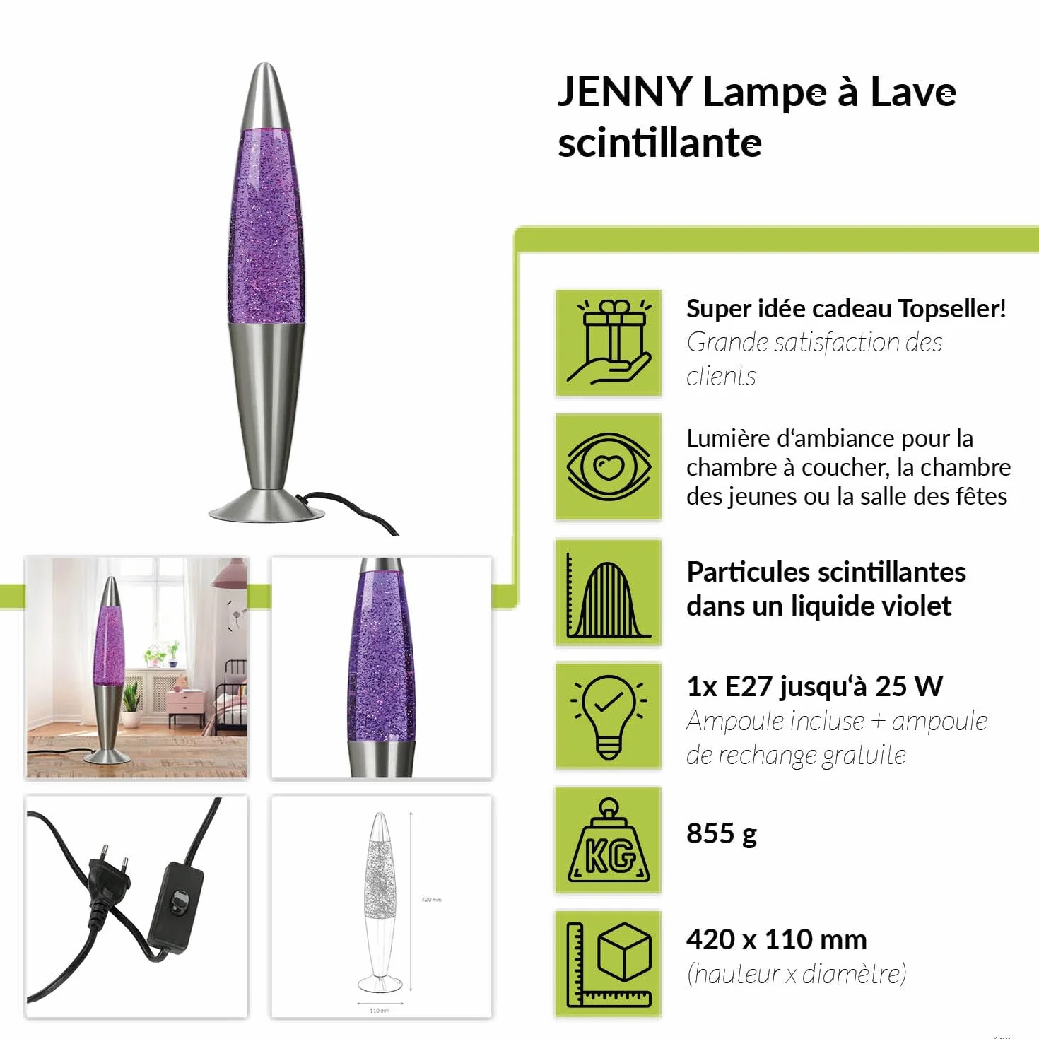 Lampe à lave JENNY argent paillettes H:42 cm G9 ampoules incluses rétro lampe de table