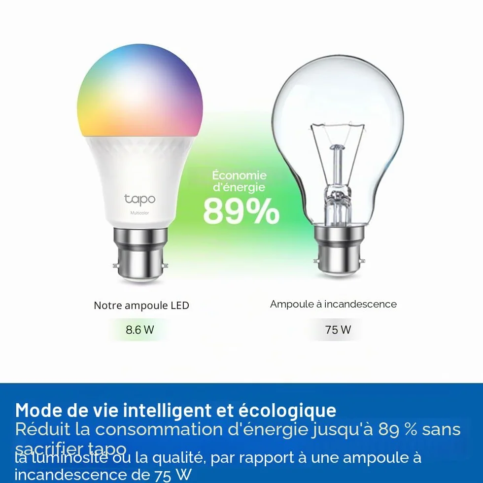 Tapo Ampoule intelligente B22 Matter, 1055 lm, 8,6 W, surveillance énergie, intensité variable, compatible Alexa Apple HomeKit