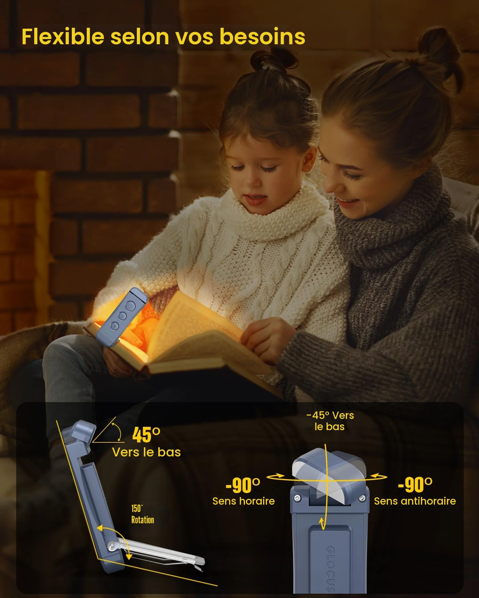 Glocusent Lampe de Lecture Rechargeable, 3 Couleurs Chaudes x 5 Réglages de Luminosité, Compacte et Durable, Gris-bleu