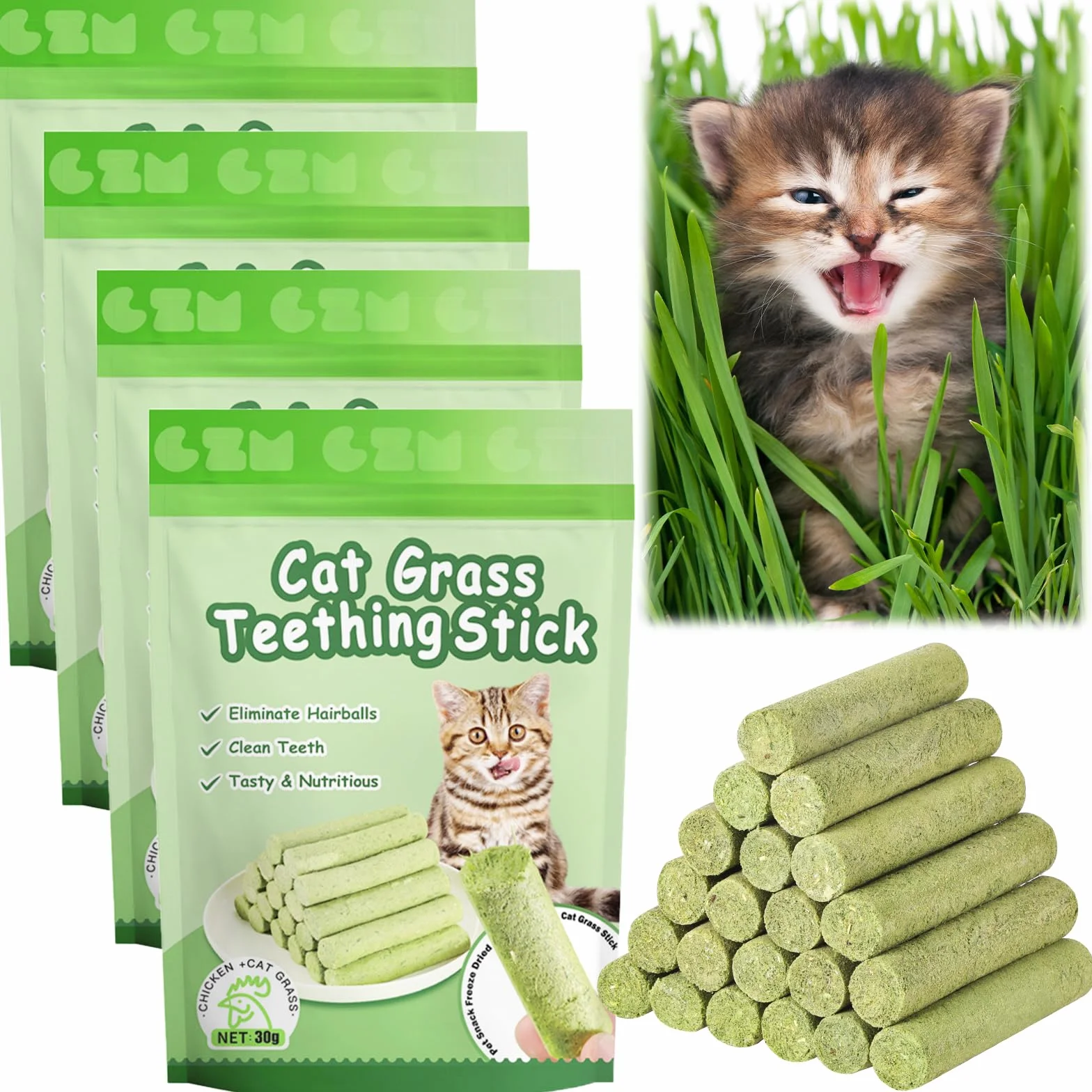 Bâton d'herbe à Chat 24pcs Bandes Lyophilisé Comestible Nettoyage des Dents Élimination Boules de Poils