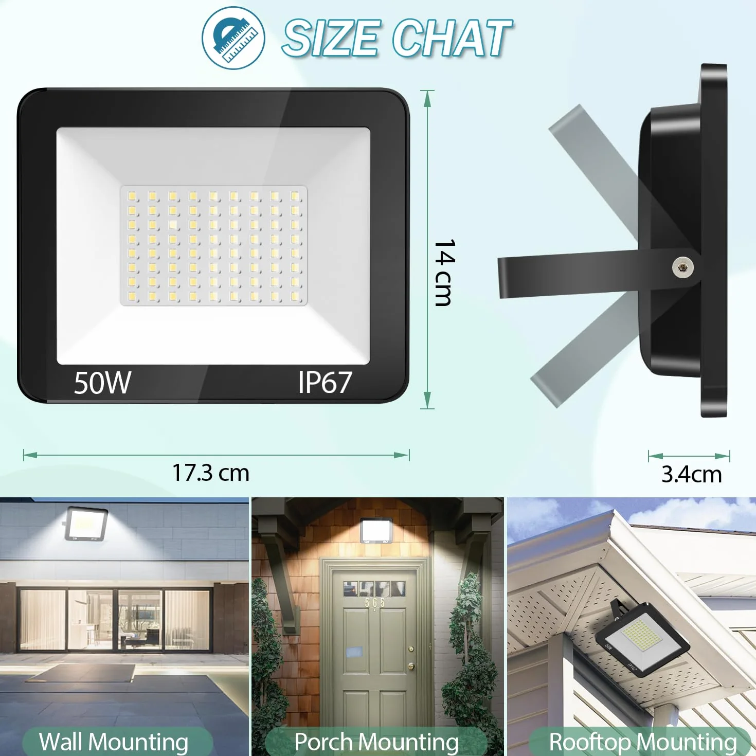 Projecteur LED Exterieur 50W IP67 Imperméable 5000LM 7000K Blanc Froid Eclairage de Sécurité