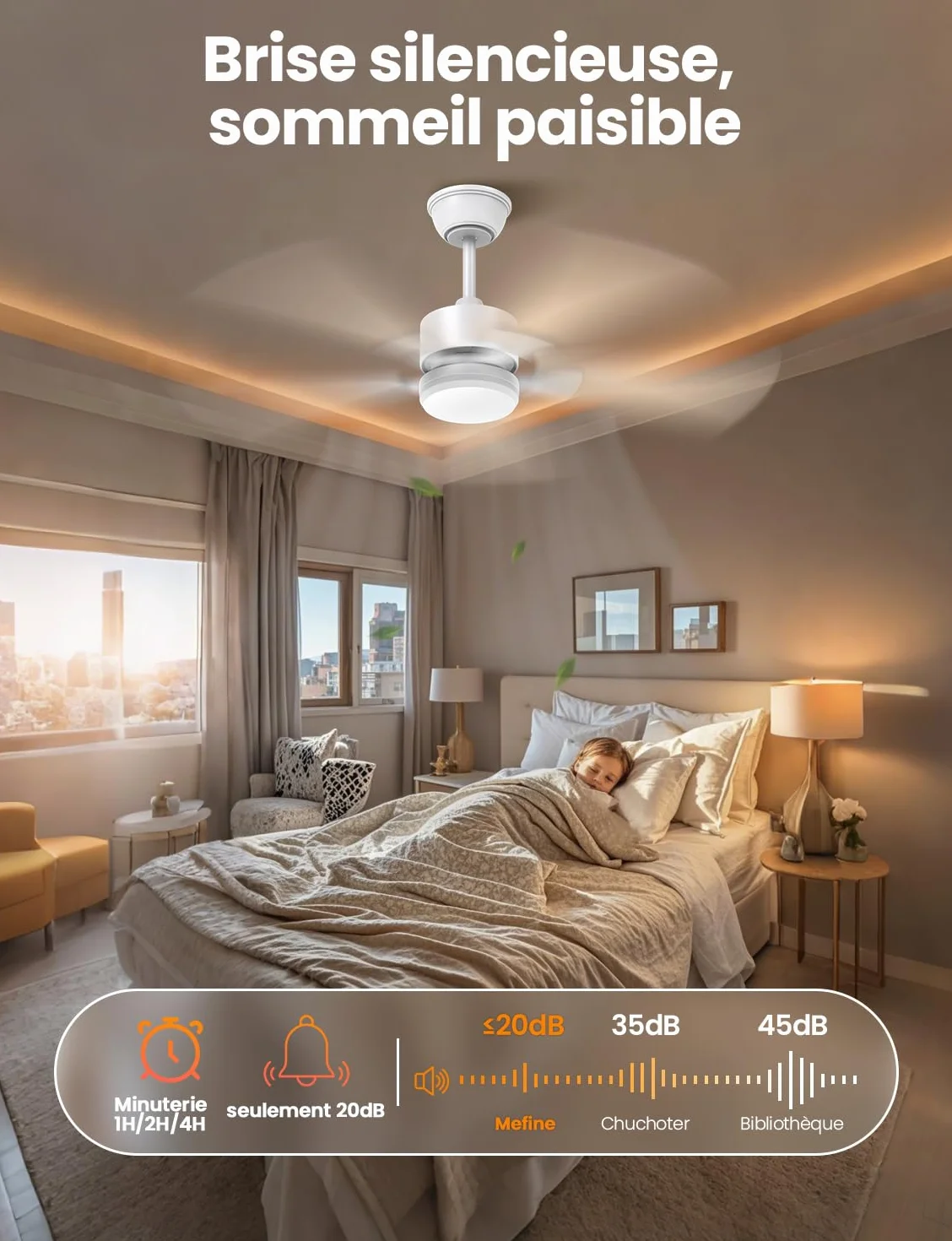 Ventilateur Plafond avec Lumiere et Telecommande, 106cm Dimmable Lampe LED, 5 Pales Bois Clair/Blanc, 6 Vitesses