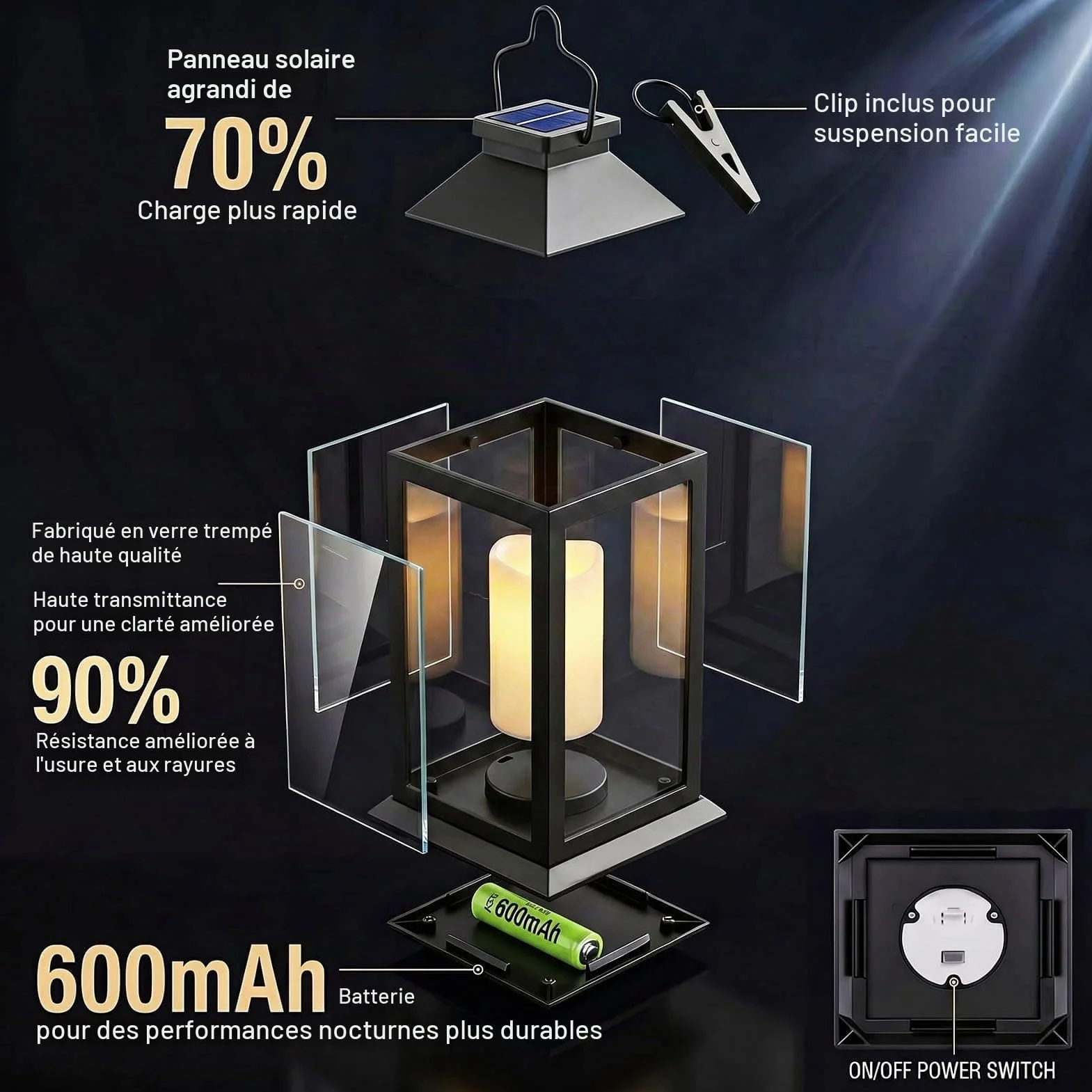 Lanterne Solaire Exterieur 2 Pièces Suspension Lampe Solaire Bougie LED Flamme Vacillante IP44 Étanche Noir