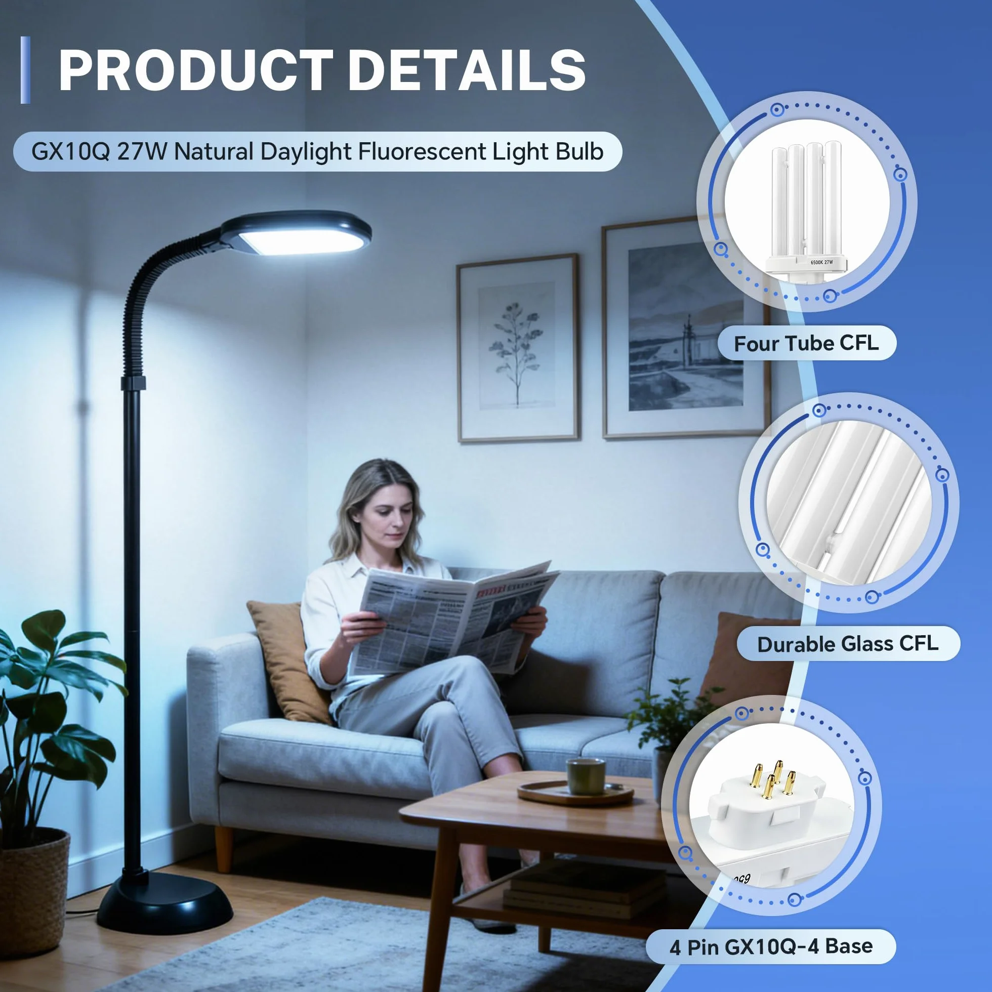 Tubes Fluorescents 27W GX10Q-4 4-Pin Blanc Froid 6500K Ampoule Économie D'énergie