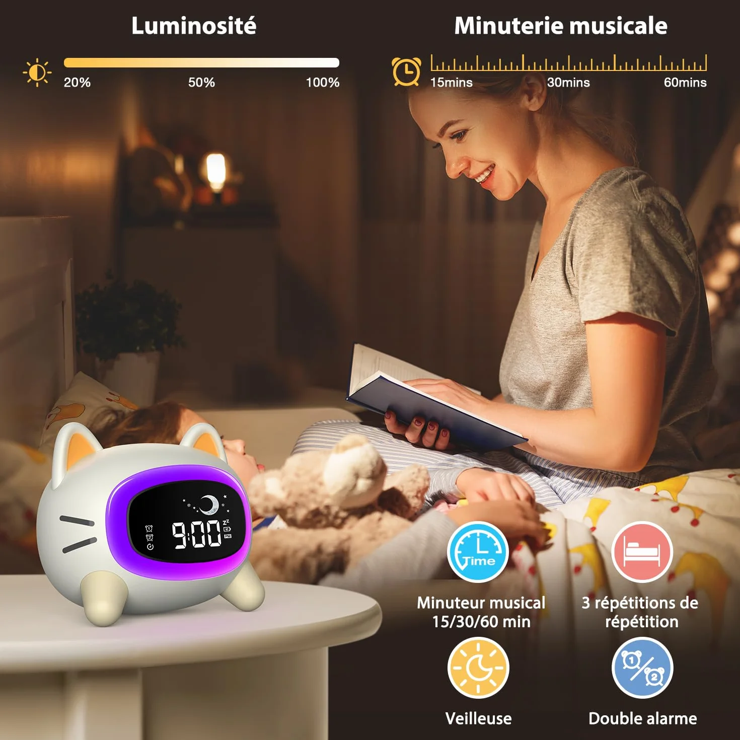 Réveil Enfant Éducatif Jour/Nuit avec LED 5 Couleurs, 7 Musiques, Deux Alarmes, Rechargeable USB Chat
