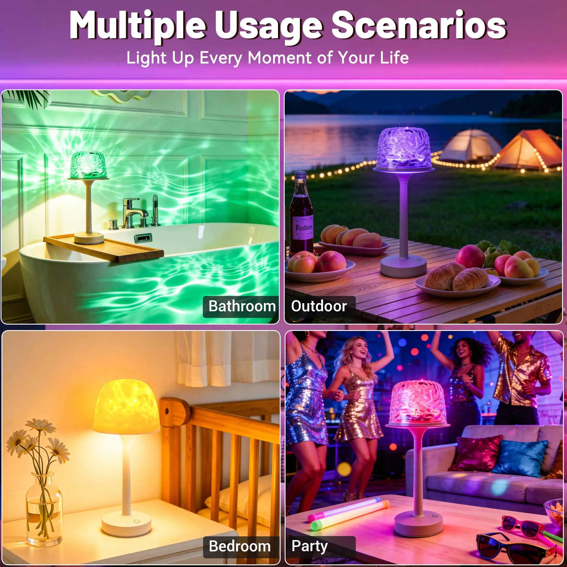 Akynite Lampe de Douche LED sans Fil 16 Couleurs RVB Étanche IP44 Tactile Télécommandée Rechargeable