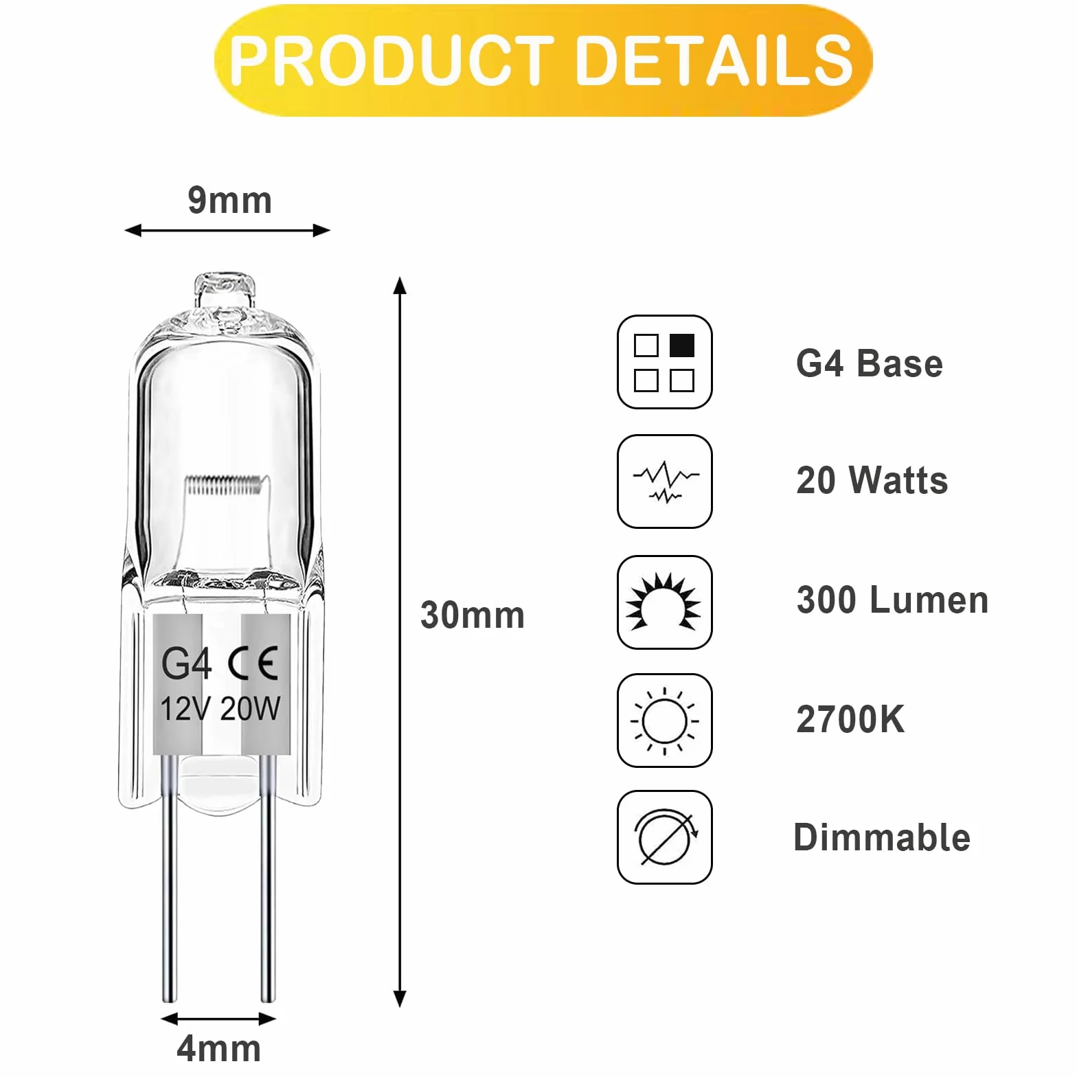 Ampoule Halogène G4 12V 20W Blanc Chaud 2700K Dimmable 300°C pour Four, 4 Pièces