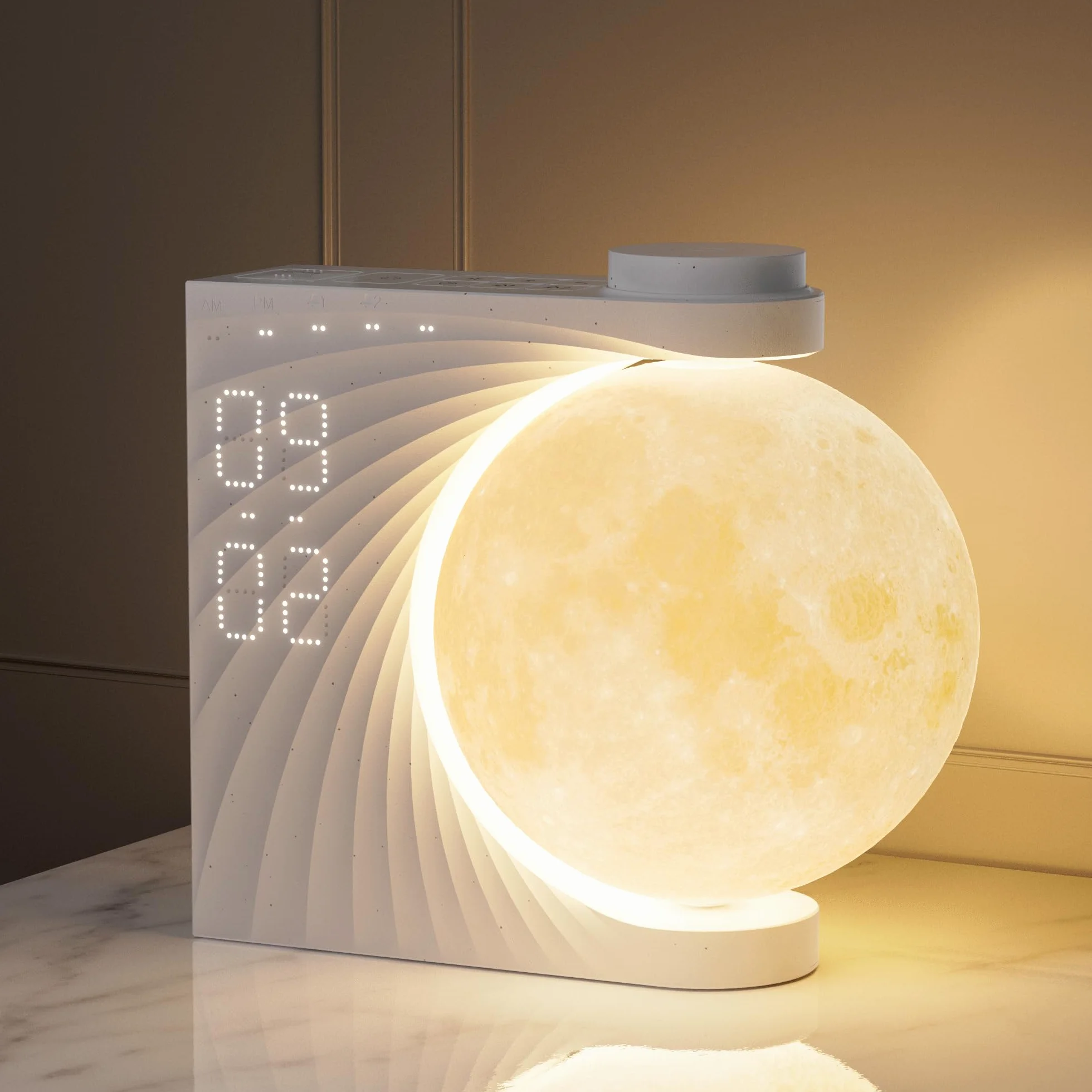 Lampe de Lune avec Réveil Lumineux, 2 Réveils, RGB 8 Couleurs, 10 Sons Naturels, Veilleuse 3 Niveaux
