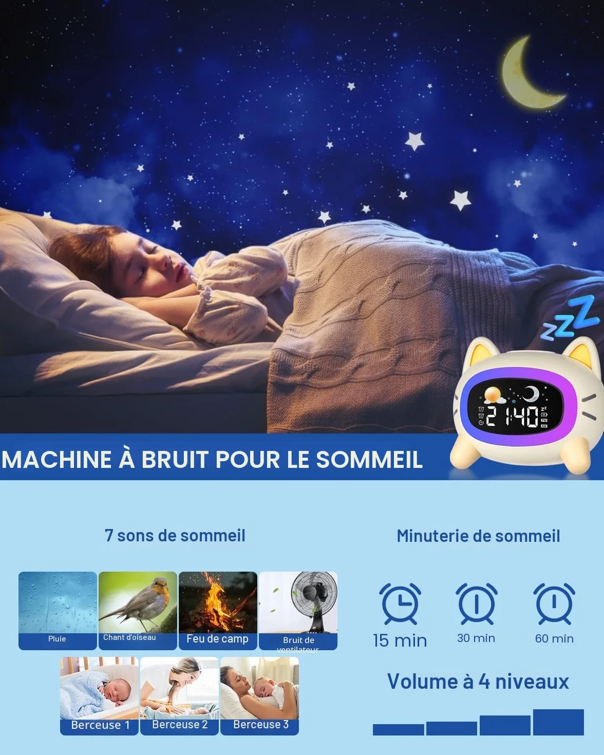 Réveils Lumineux pour Enfants avec 5 Veilleuses, 4 Niveaux de Lumière Réglables et 7 Musiques de Sommeil, Réveil Rechargeable avec Snooze