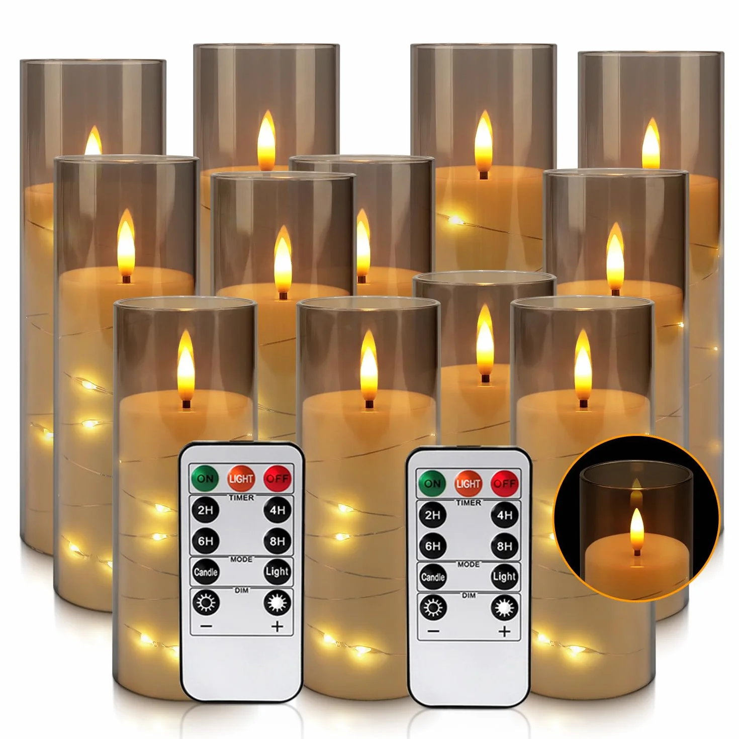 LIVEN Lot de 12 bougies piliers LED sans flamme vacillante avec mèche réaliste D 2,2 x H 12,7-17,8 cm Gris