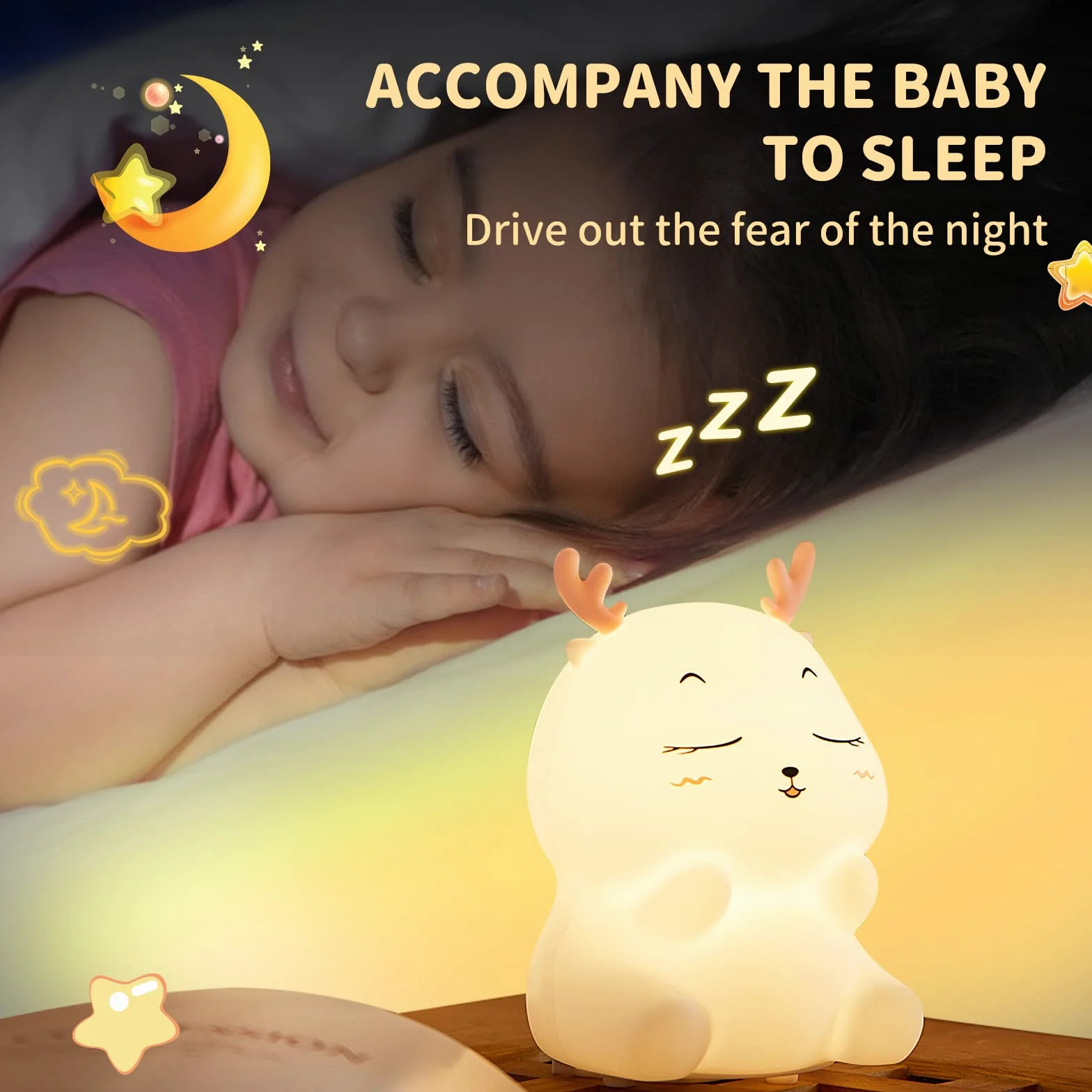 Veilleuse Enfant Rechargeable 7 Couleurs LED Silicone Lampe de Chevet Tactile Cerf