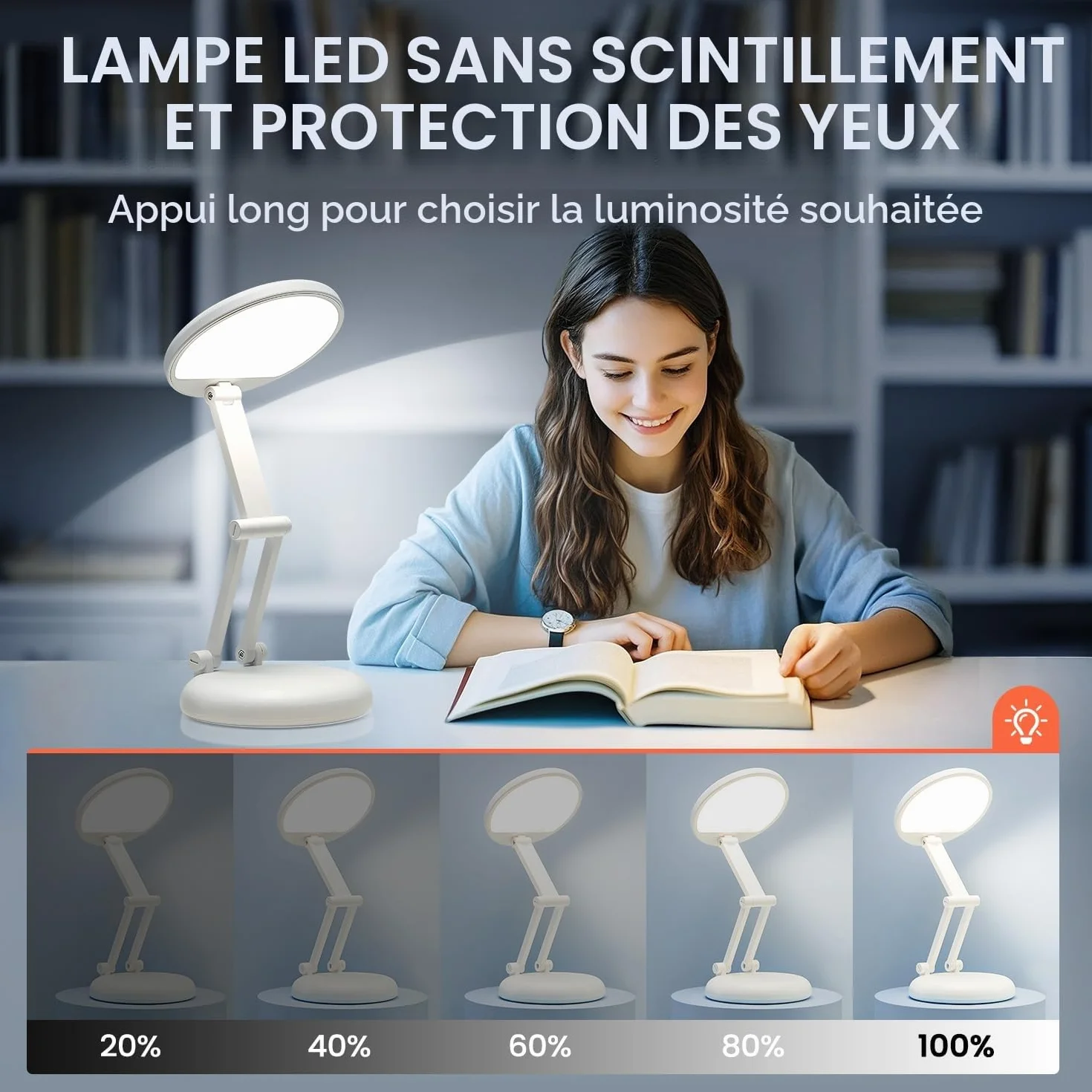 One Fire Lampe de Bureau LED Rechargeable 3600mAh 9 Niveaux de Luminosité Sans Fil Pliable Portable