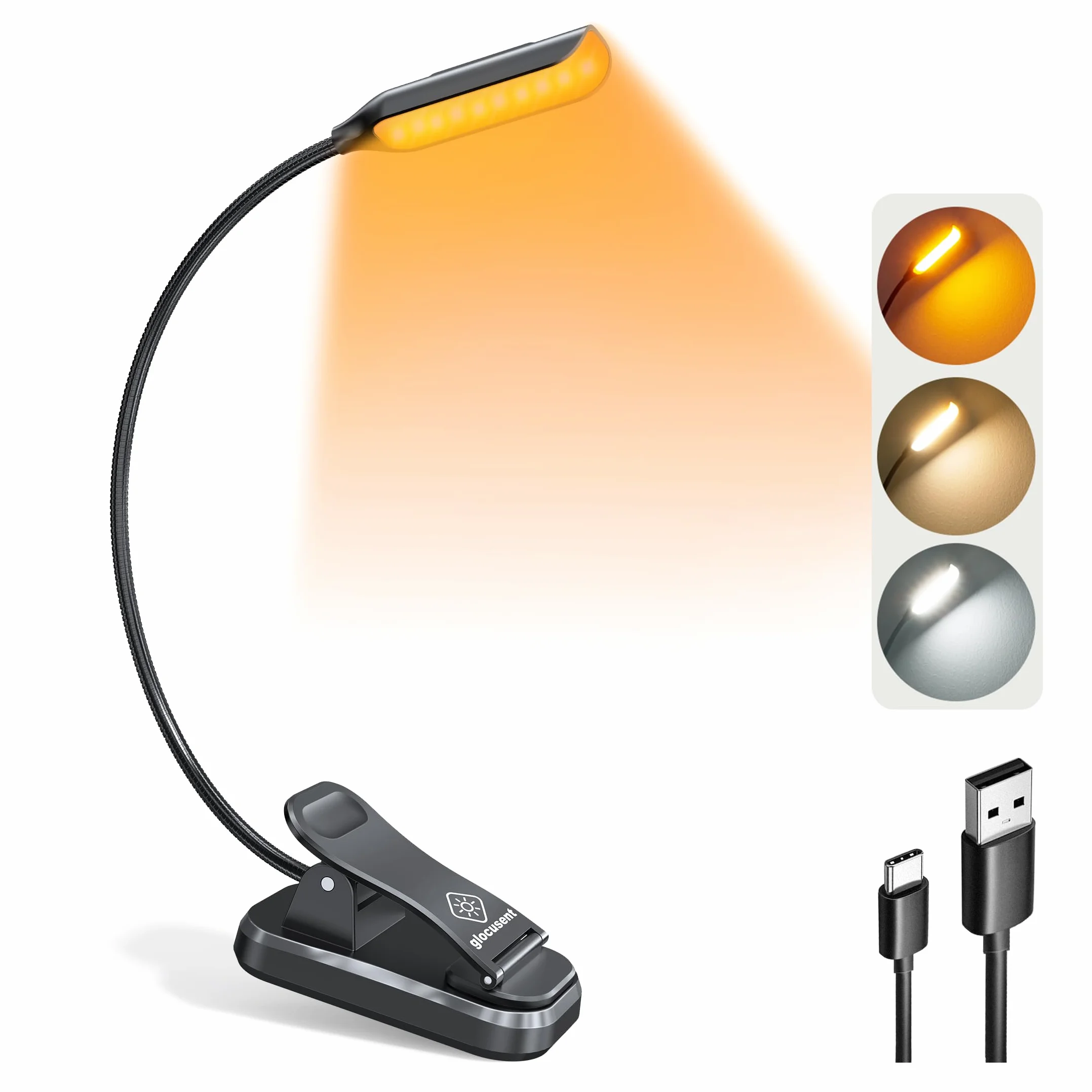 Glocusent Lampe Livre 10 LED, Lampe de Lecture Rechargeable, 3 Couleurs & 3 Intensités, Autonomie 80h