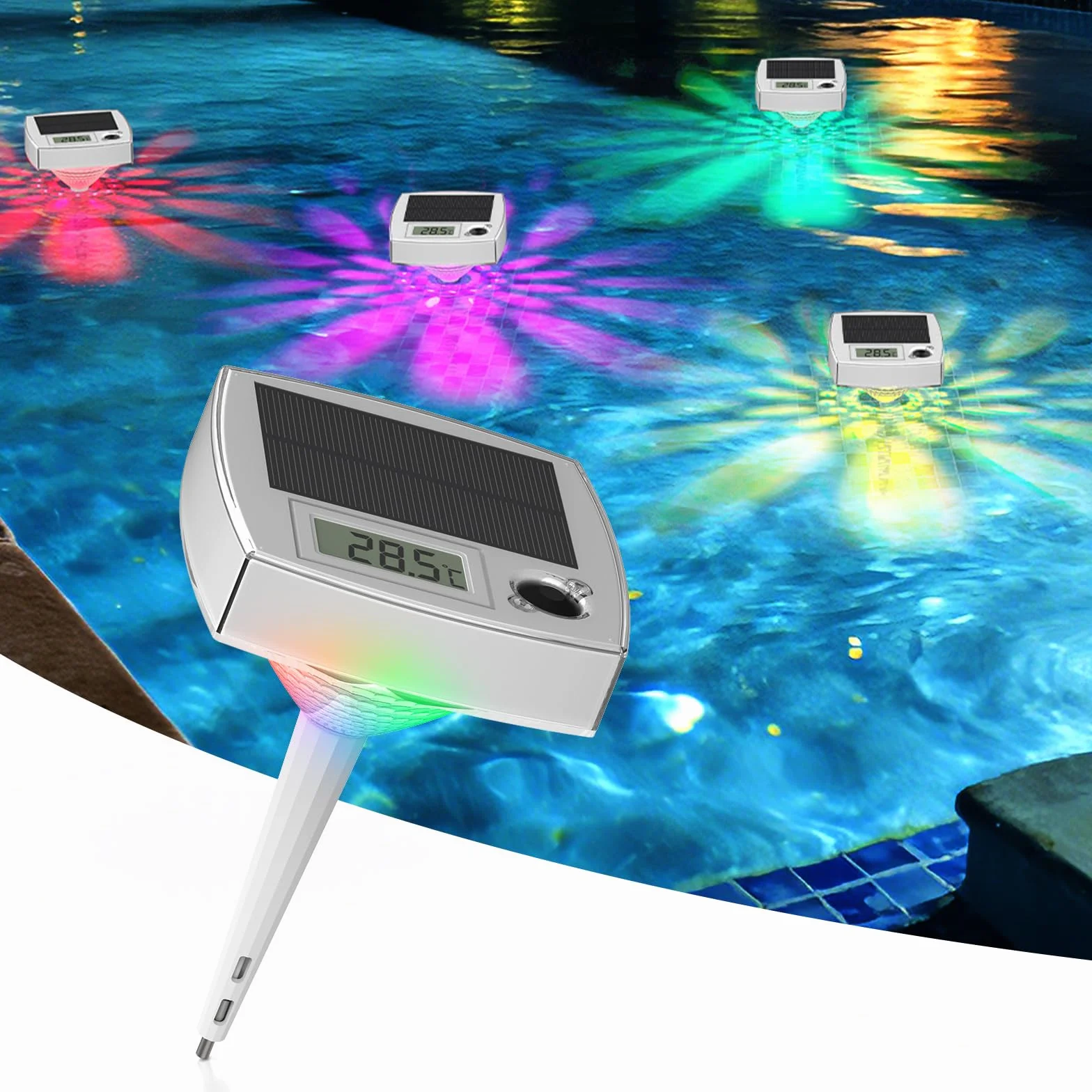 Thermomètre de Piscine Lumineux RGB 2 en 1 Flottant Sans Fil LED 7 Couleurs Écran LCD IP68 Solaire