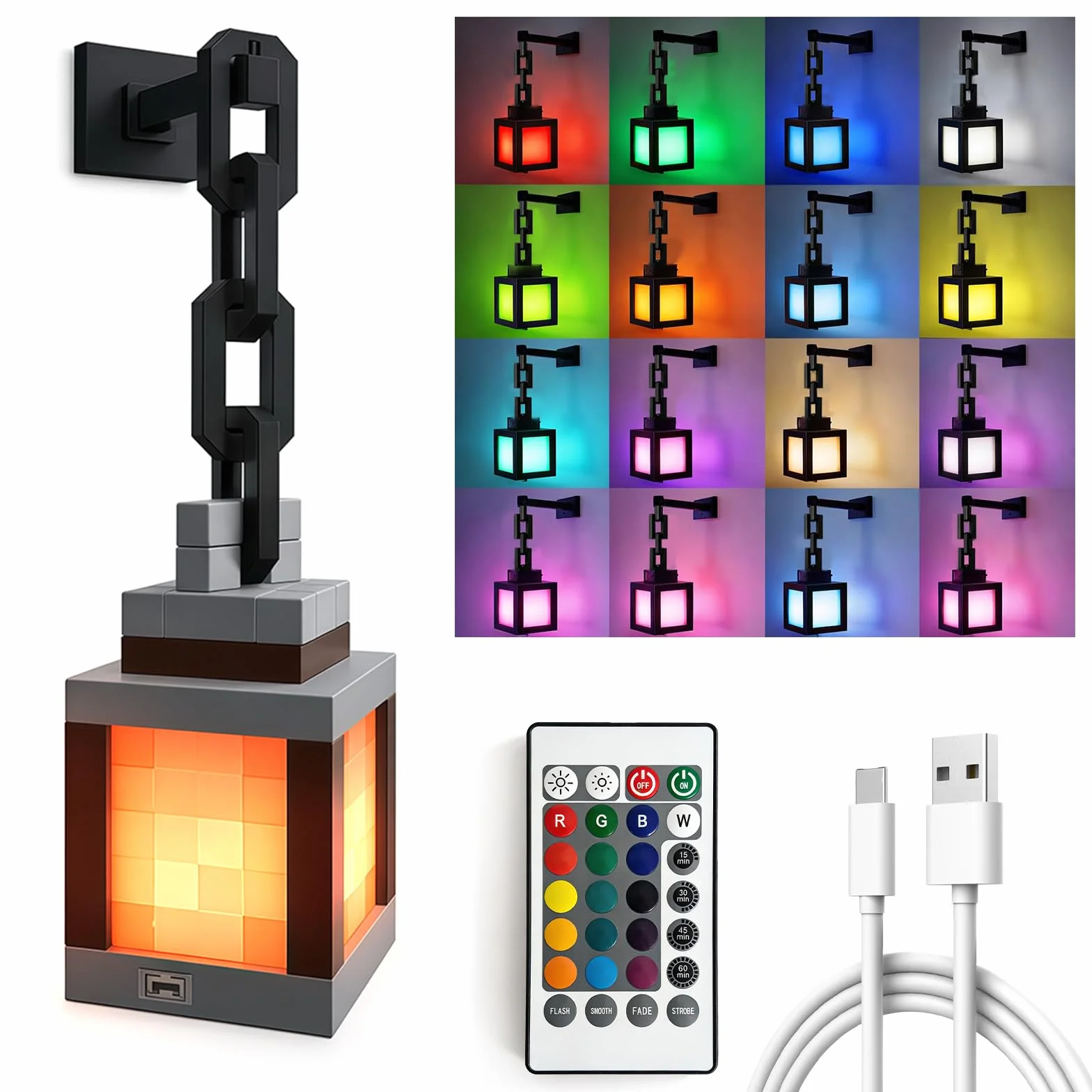 Veilleuse Lanterne Pixelisée 16 Couleurs Télécommande Variation Intensité Lampe Torche Murale