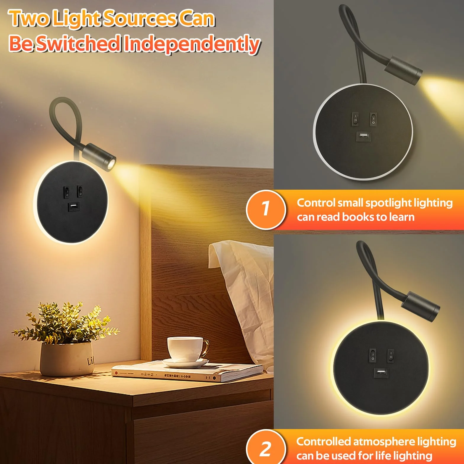 Applique Murale Interieur LED, Liseuse de Chevet avec Interrupteur, Port USB, Rotation 360°, 3000K Lampe de Lecture pour Chambre, Salon