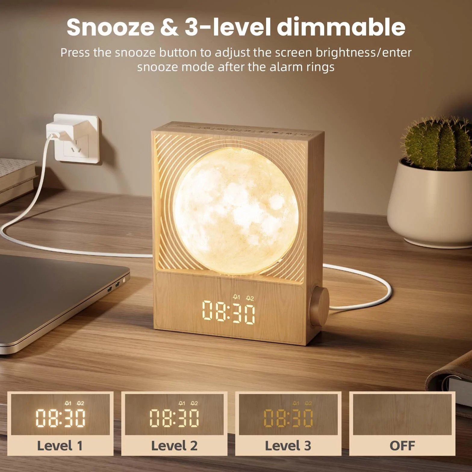 RETEYUNG Réveil Simulateur d'Aube avec Lampe Lunaire Rotative 15 Sonneries Veilleuse 8 Couleurs 3 Luminosités 10 Sons Naturels