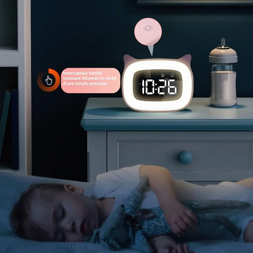 Réveil Enfant Éducatif Radio avec Veilleuse Jour/Nuit, Deux Alarmes, 18 Musiques, LED Numérique, Snooze, Rechargeable, Rosa